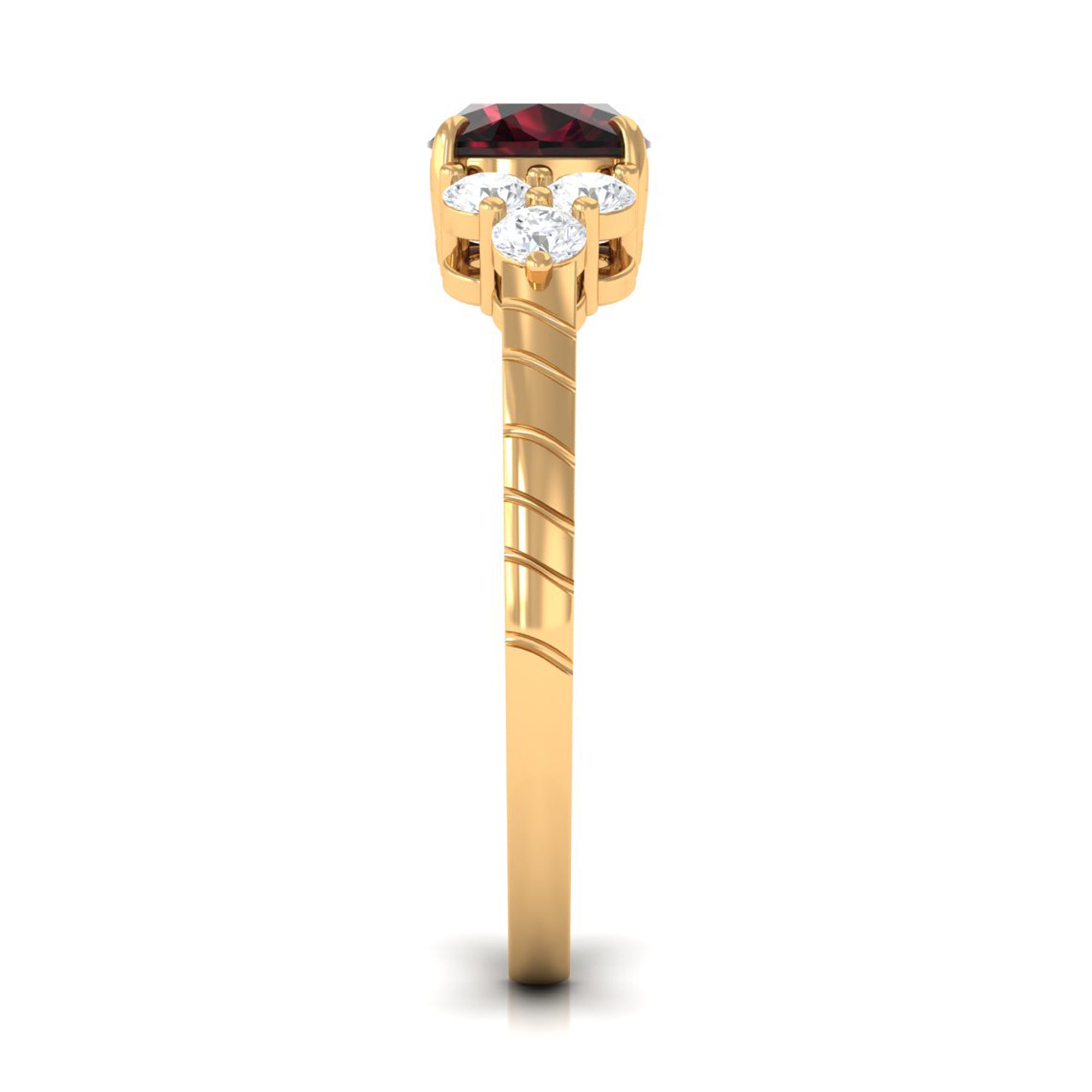 Cushion Cut Garnet Solitaire Engagement Ring with Diamond Trio Garnet - ( AAA ) - Quality - Rosec Jewels