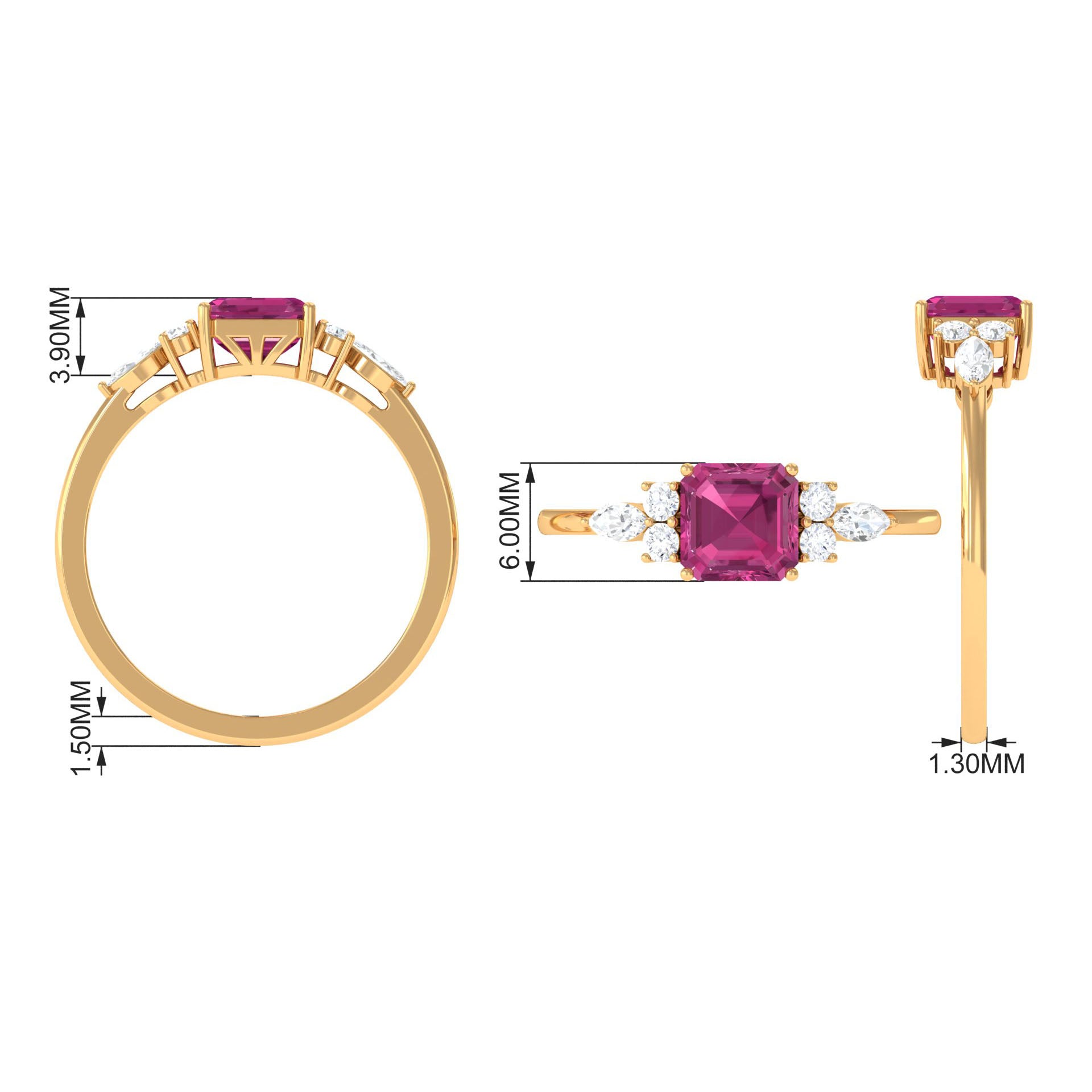 Asscher Cut Pink Tourmaline Solitaire Engagement Ring with Diamond Trio Pink Tourmaline - ( AAA ) - Quality - Rosec Jewels