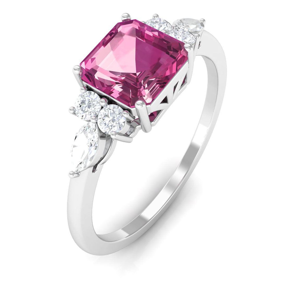 Asscher Cut Pink Tourmaline Solitaire Engagement Ring with Diamond Trio Pink Tourmaline - ( AAA ) - Quality - Rosec Jewels