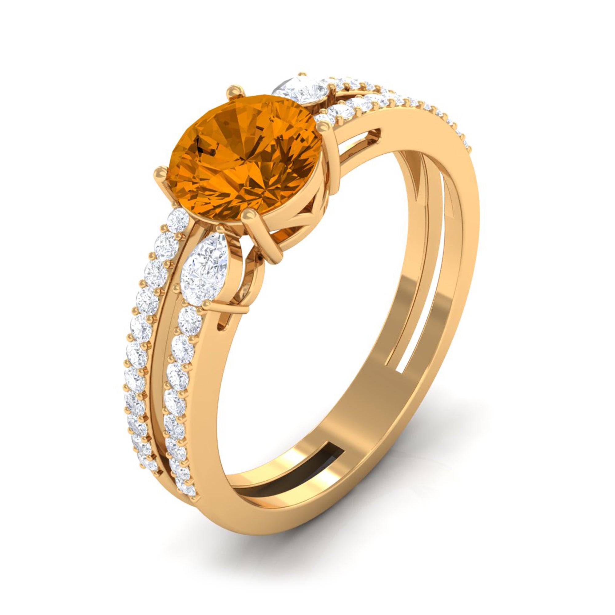 Solitaire Citrine Double Band Engagement Ring with Diamond Citrine - ( AAA ) - Quality - Rosec Jewels