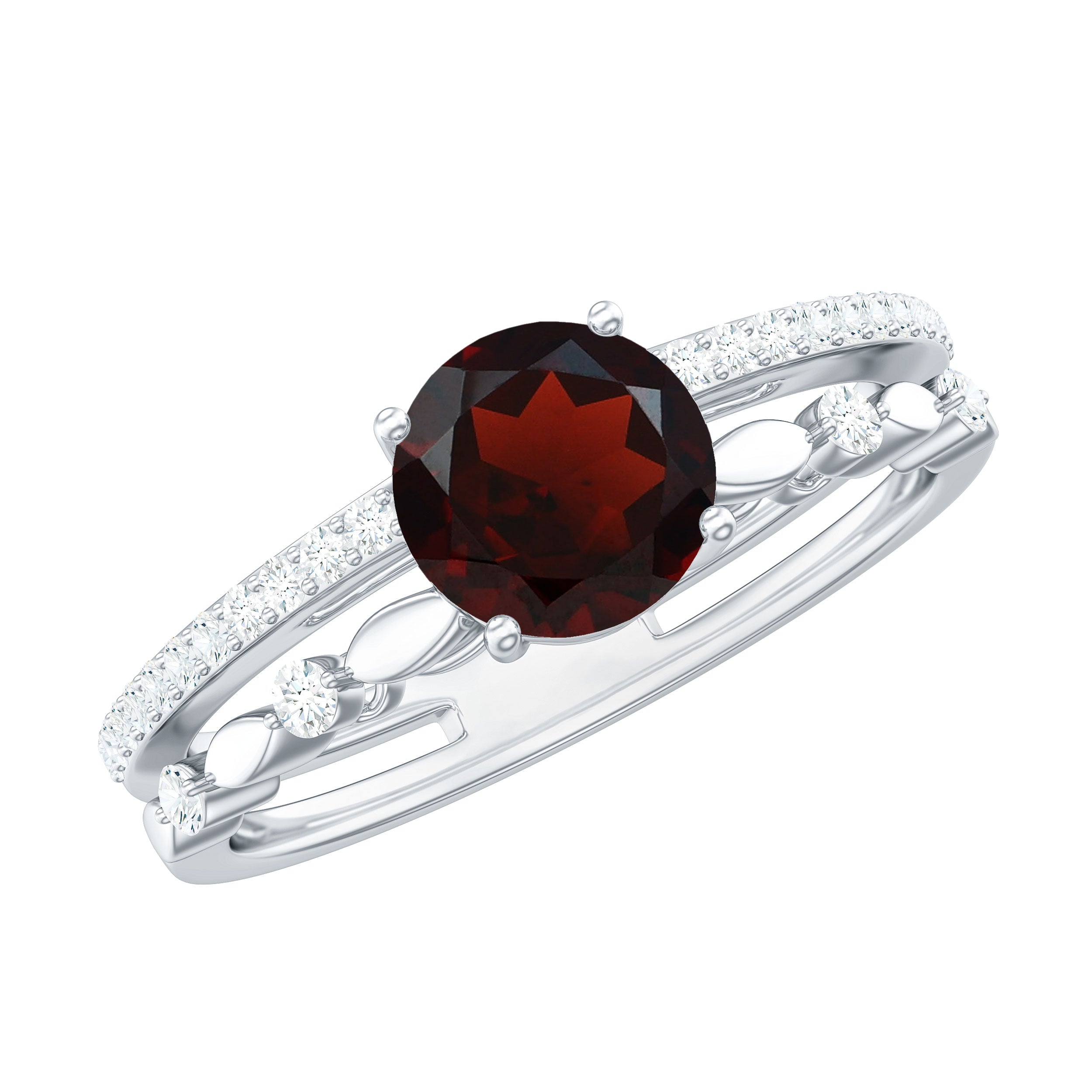 Solitaire Garnet Engagement Double Band Ring with Diamond Garnet - ( AAA ) - Quality - Rosec Jewels