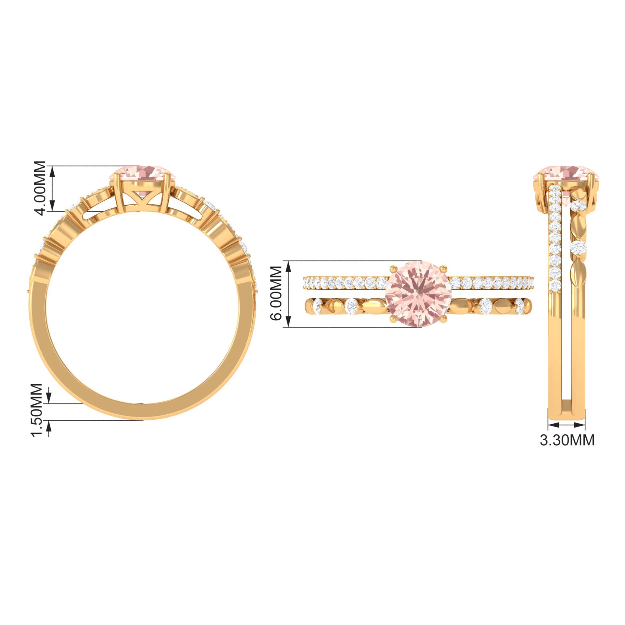 Round Shape Morganite Solitaire Double Band Ring with Diamond Morganite - ( AAA ) - Quality - Rosec Jewels