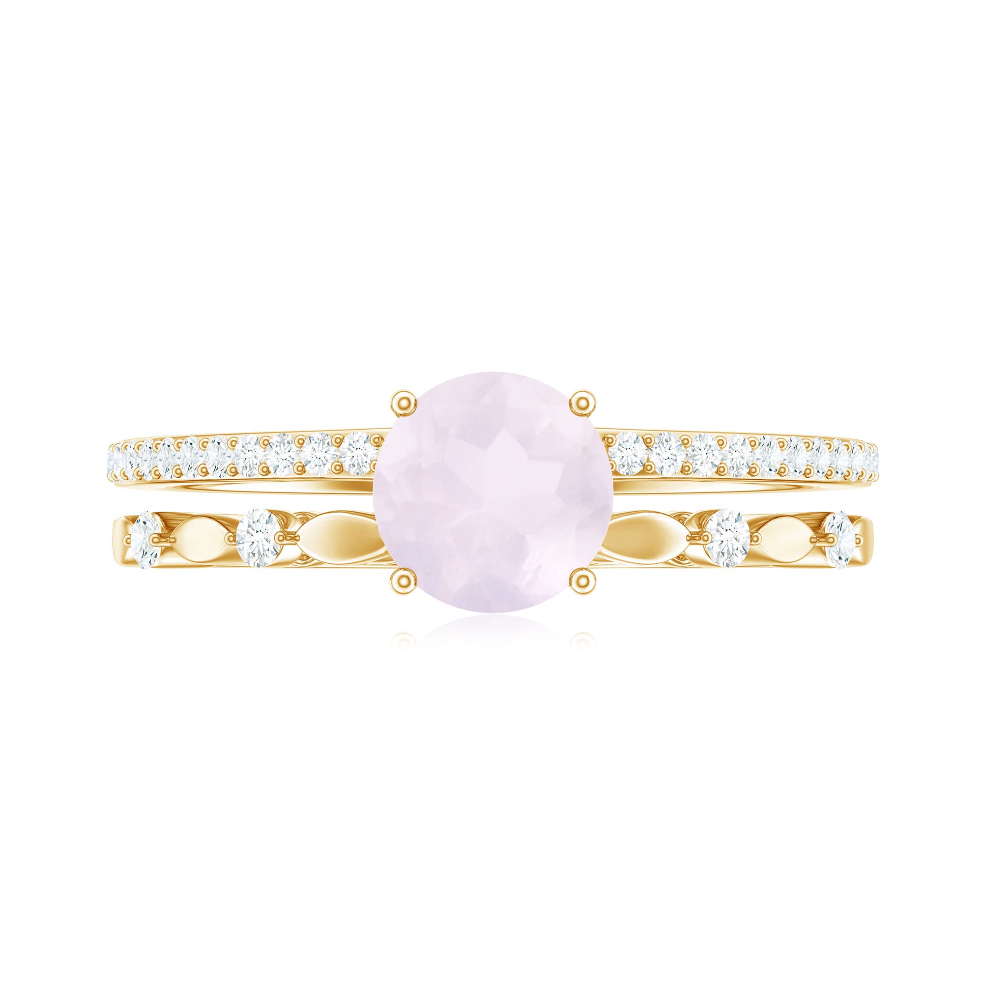 6 MM Rose Quartz Double Band Solitaire Engagement Ring with Diamond Rose Quartz - ( AAA ) - Quality - Rosec Jewels