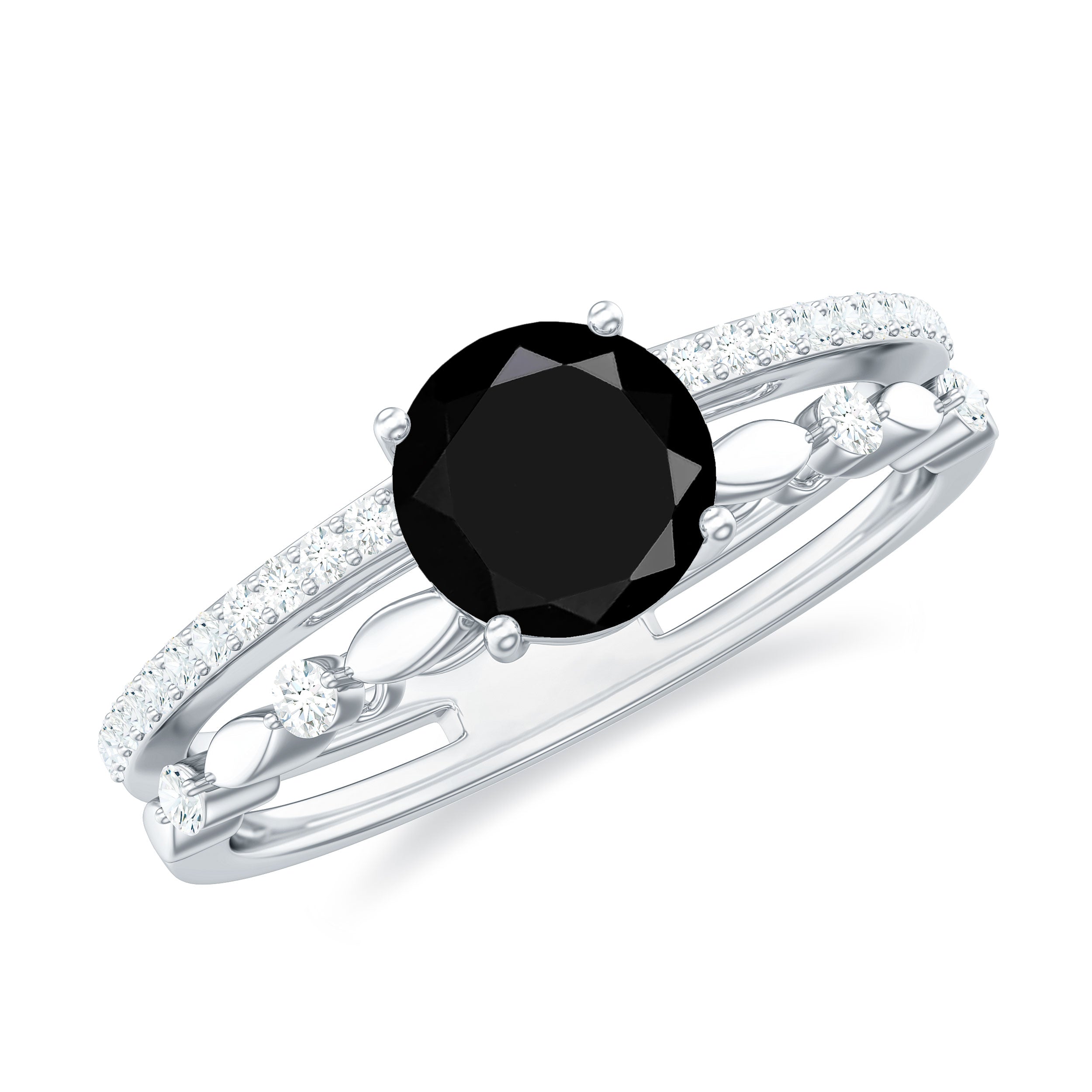 7 MM Black Onyx Double Band Solitaire Engagement Ring with Diamond Black Onyx - ( AAA ) - Quality - Rosec Jewels