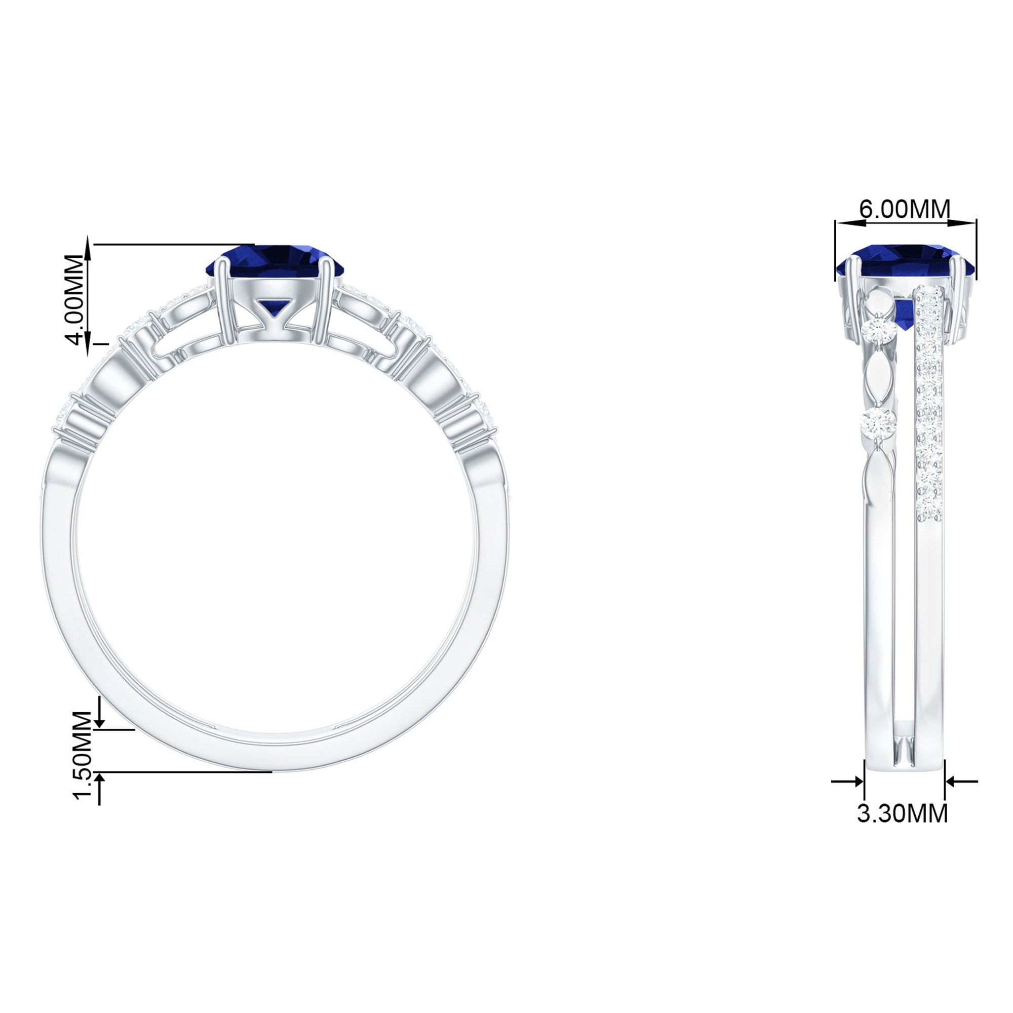 6 MM Created Blue Sapphire Solitaire Engagement Double Band Ring with Diamond Lab Created Blue Sapphire - ( AAAA ) - Quality - Rosec Jewels