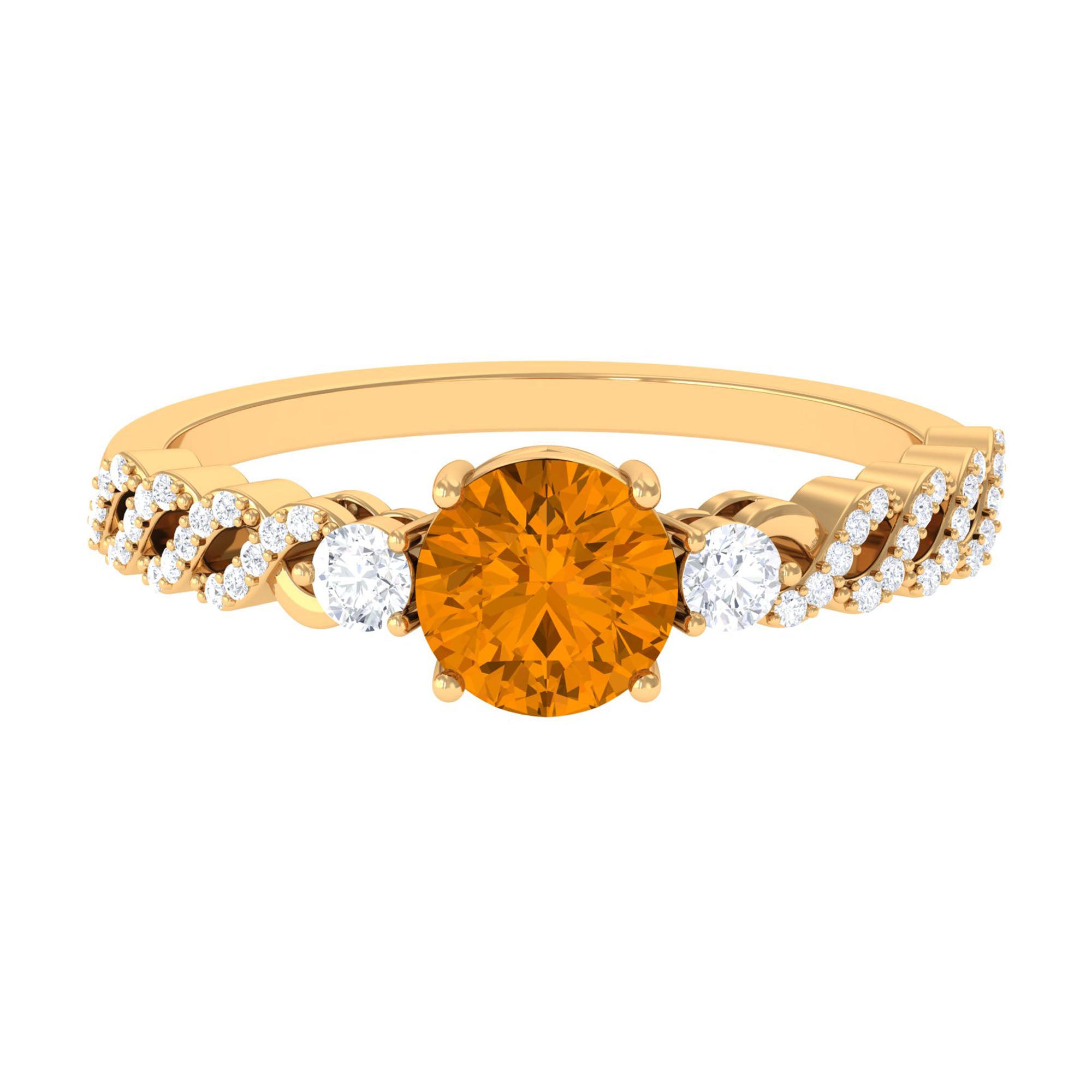 Round Shape Citrine Designer Engagement Ring with Diamond Side Stones Citrine - ( AAA ) - Quality - Rosec Jewels