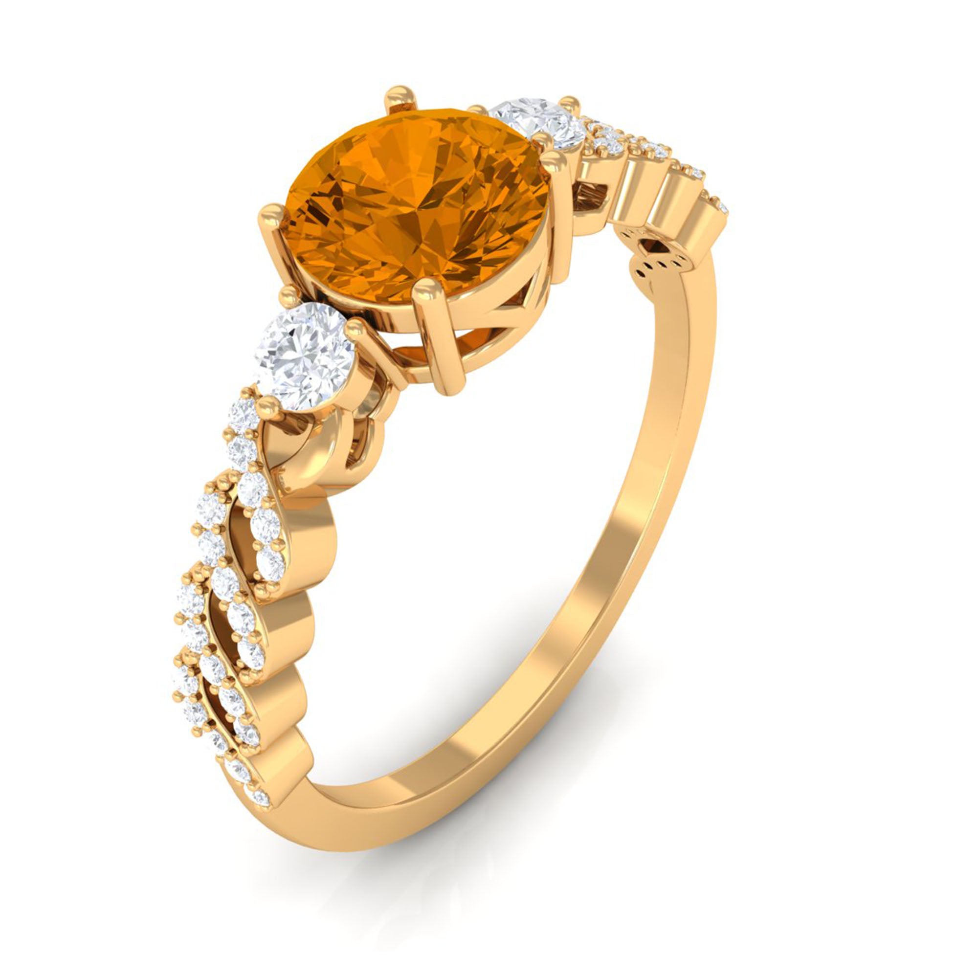 Round Shape Citrine Designer Engagement Ring with Diamond Side Stones Citrine - ( AAA ) - Quality - Rosec Jewels