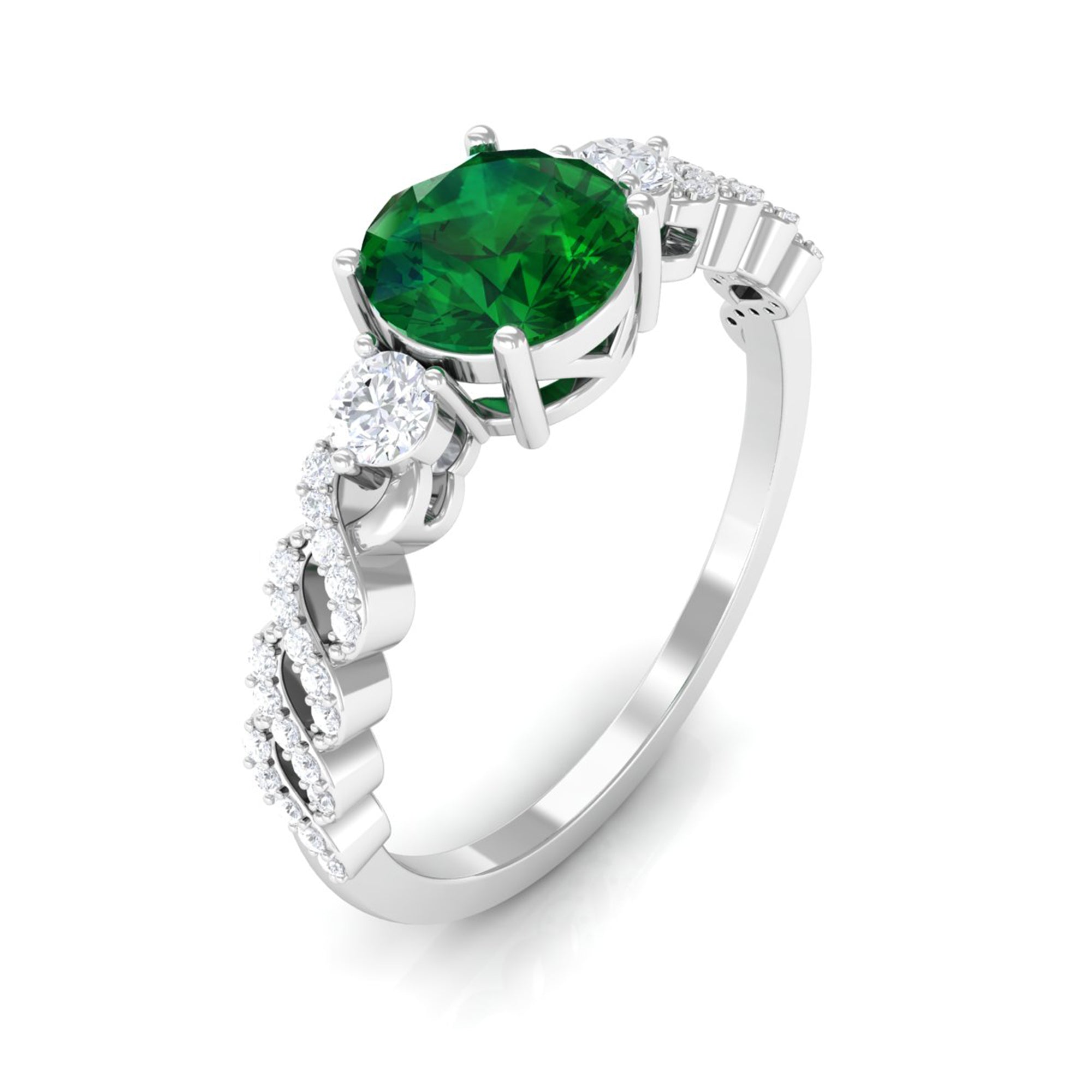 Round Shape Created Emerald Designer Engagement Ring with Diamond Side Stones Lab Created Emerald - ( AAAA ) - Quality - Rosec Jewels