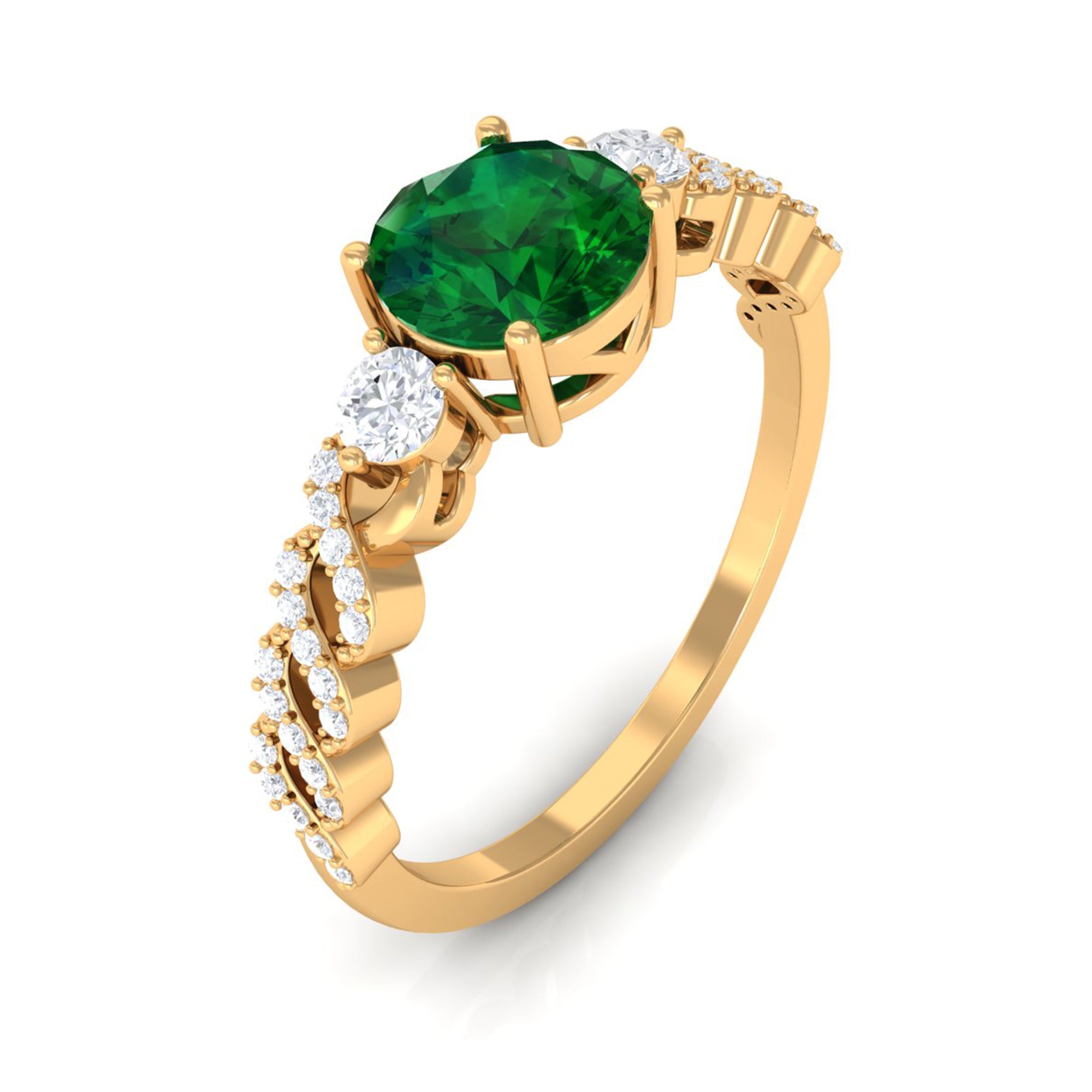 Round Shape Created Emerald Designer Engagement Ring with Diamond Side Stones Lab Created Emerald - ( AAAA ) - Quality - Rosec Jewels