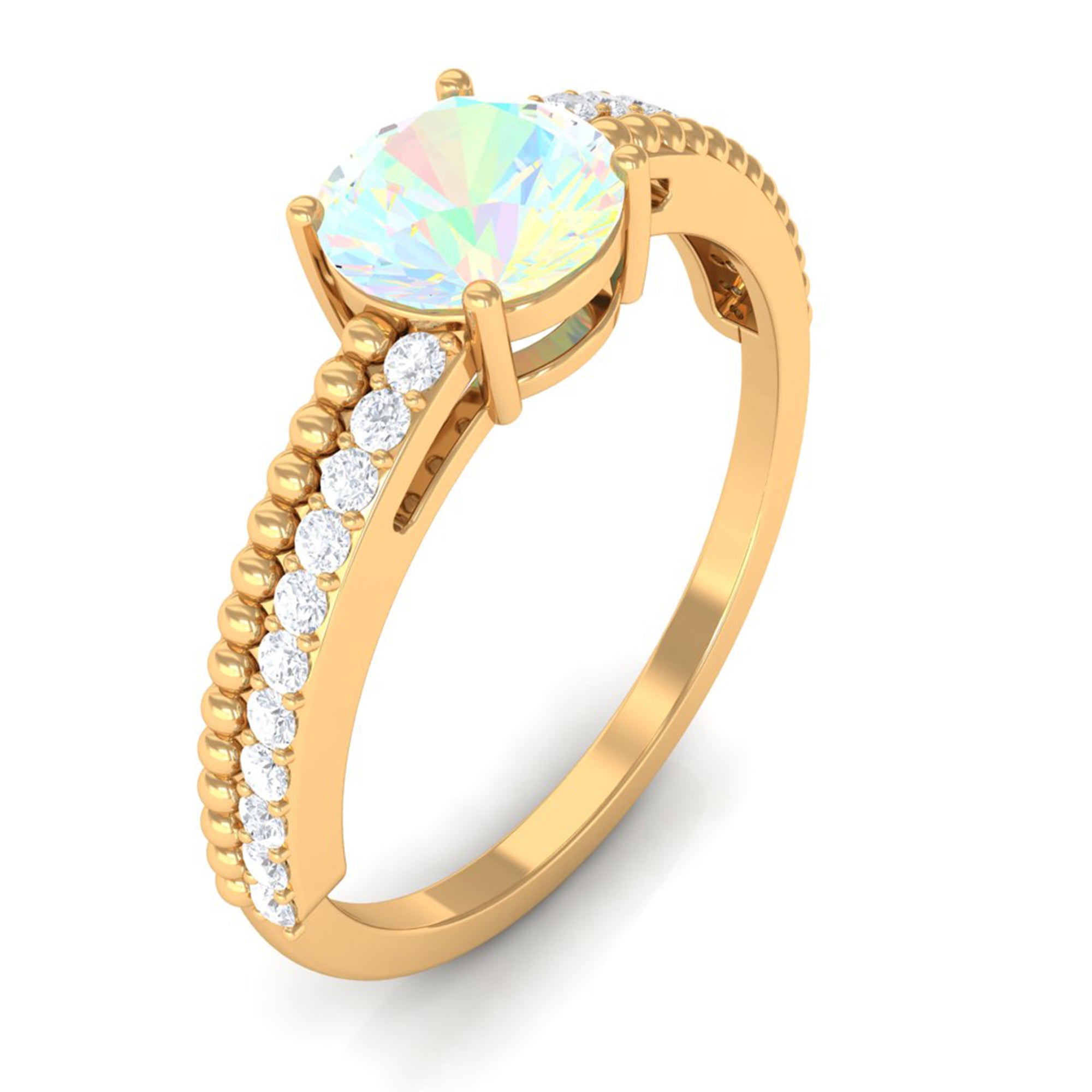 Round Ethiopian Opal Solitaire Ring with Diamond Side Stones Ethiopian Opal - ( AAA ) - Quality - Rosec Jewels