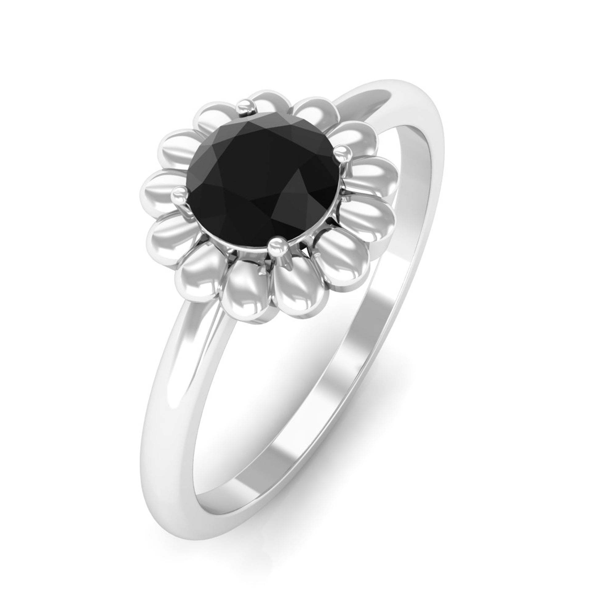 3/4 CT Round Cut Solitaire Created Black Diamond Gold Flower Ring Lab Created Black Diamond - ( AAAA ) - Quality - Rosec Jewels