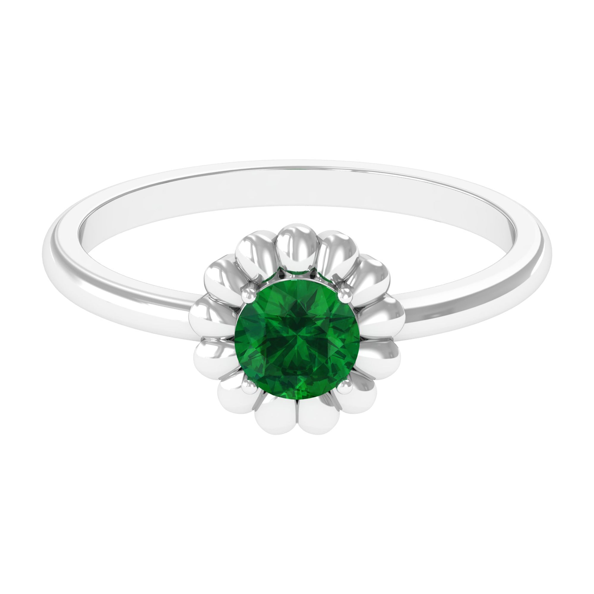 5 MM Round Lab Created Emerald Gold Floral Solitaire Ring in Prong Setting Lab Created Emerald - ( AAAA ) - Quality - Rosec Jewels