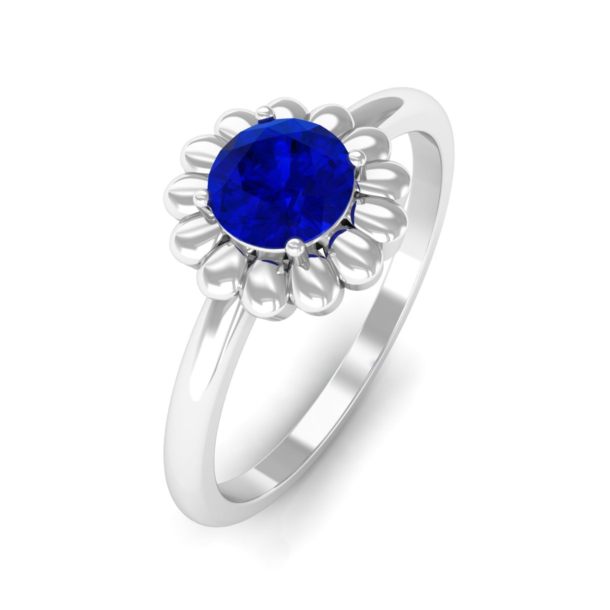 5 MM Round Lab Created Blue Sapphire Gold Floral Solitaire Ring in Prong Setting Lab Created Blue Sapphire - ( AAAA ) - Quality - Rosec Jewels