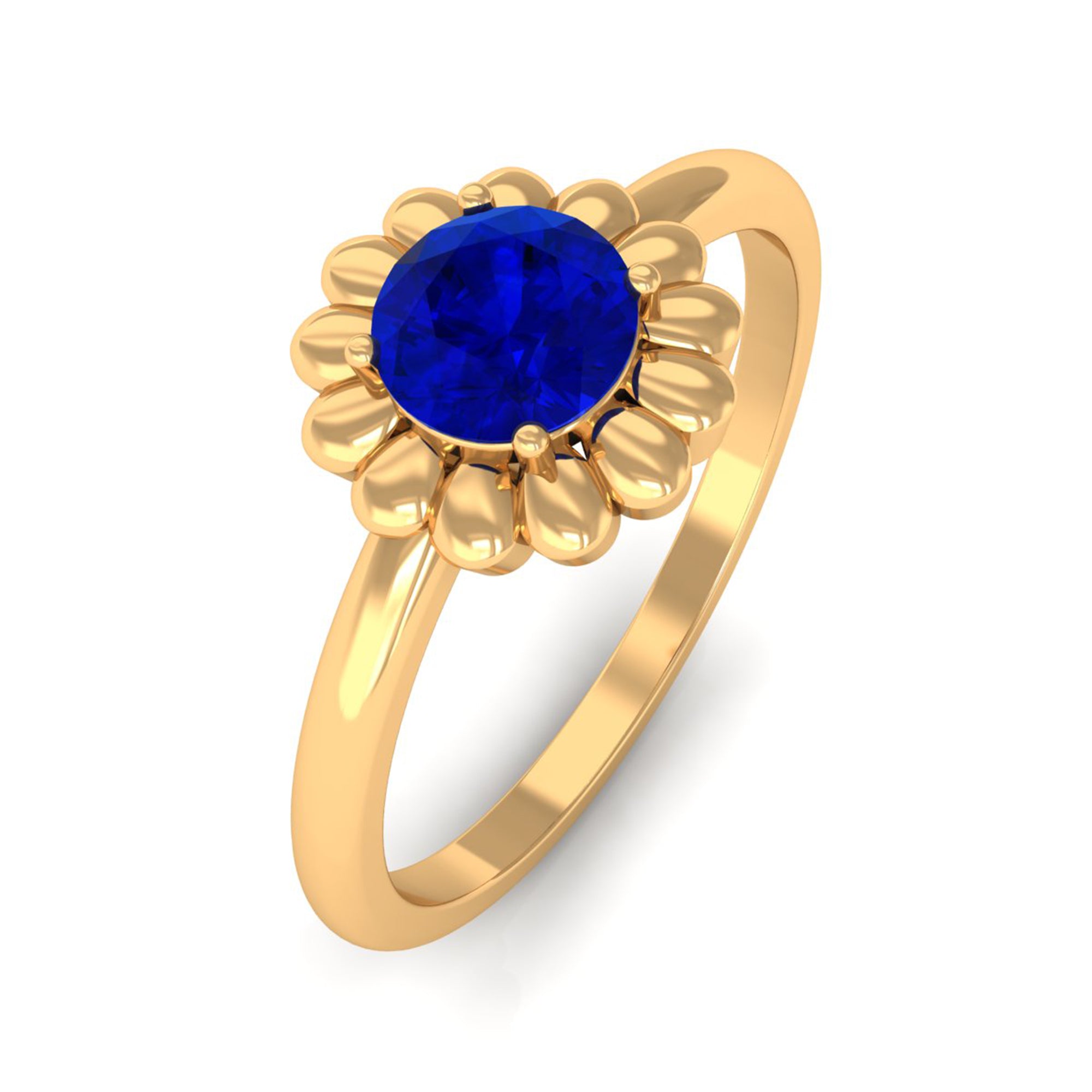 5 MM Round Lab Created Blue Sapphire Gold Floral Solitaire Ring in Prong Setting Lab Created Blue Sapphire - ( AAAA ) - Quality - Rosec Jewels