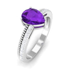 Pear Shaped Amethyst and Diamond Solitaire Ring with Twisted Rope Amethyst - ( AAA ) - Quality - Rosec Jewels