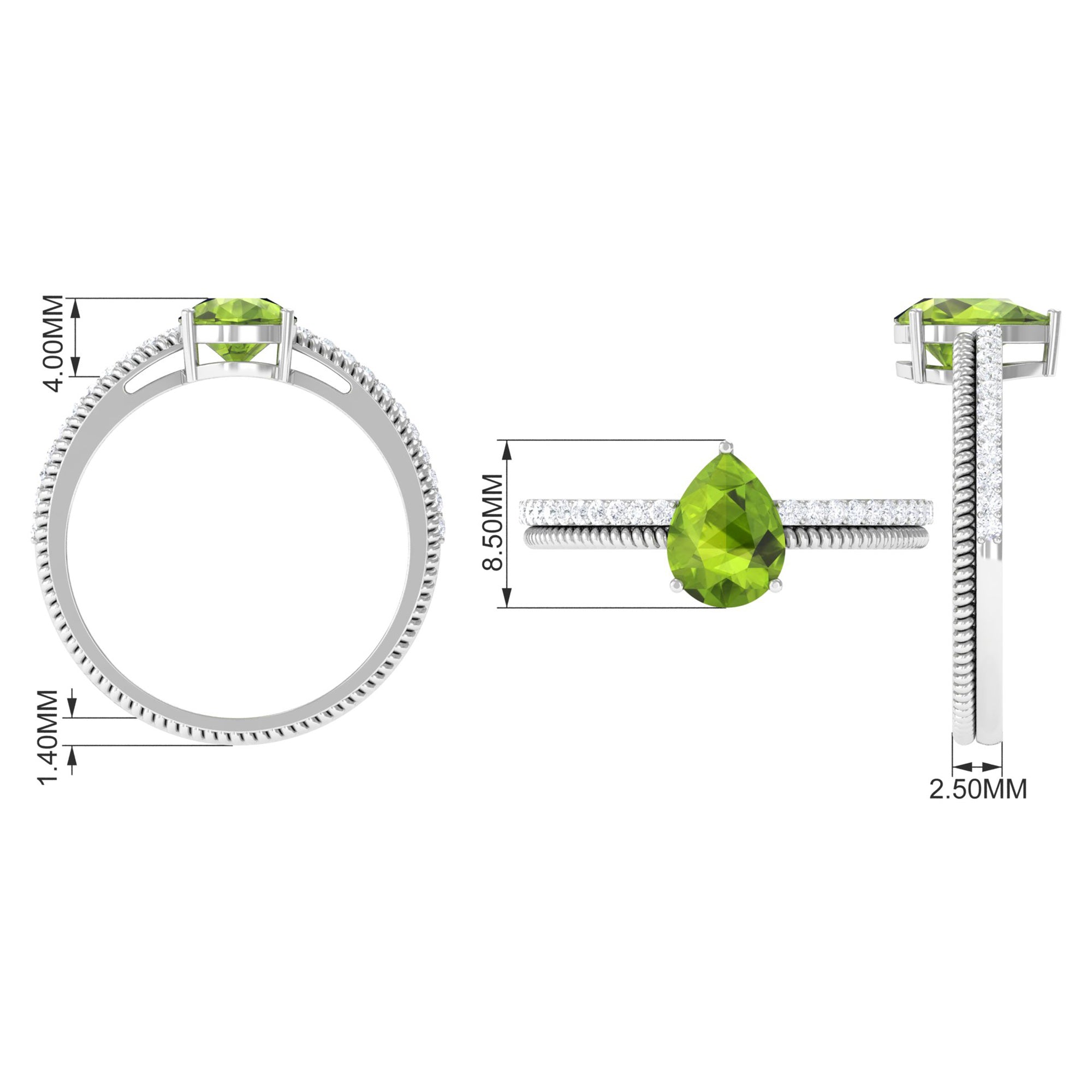 Solitaire Peridot and Diamond Ring with Twisted Rope Peridot - ( AAA ) - Quality - Rosec Jewels