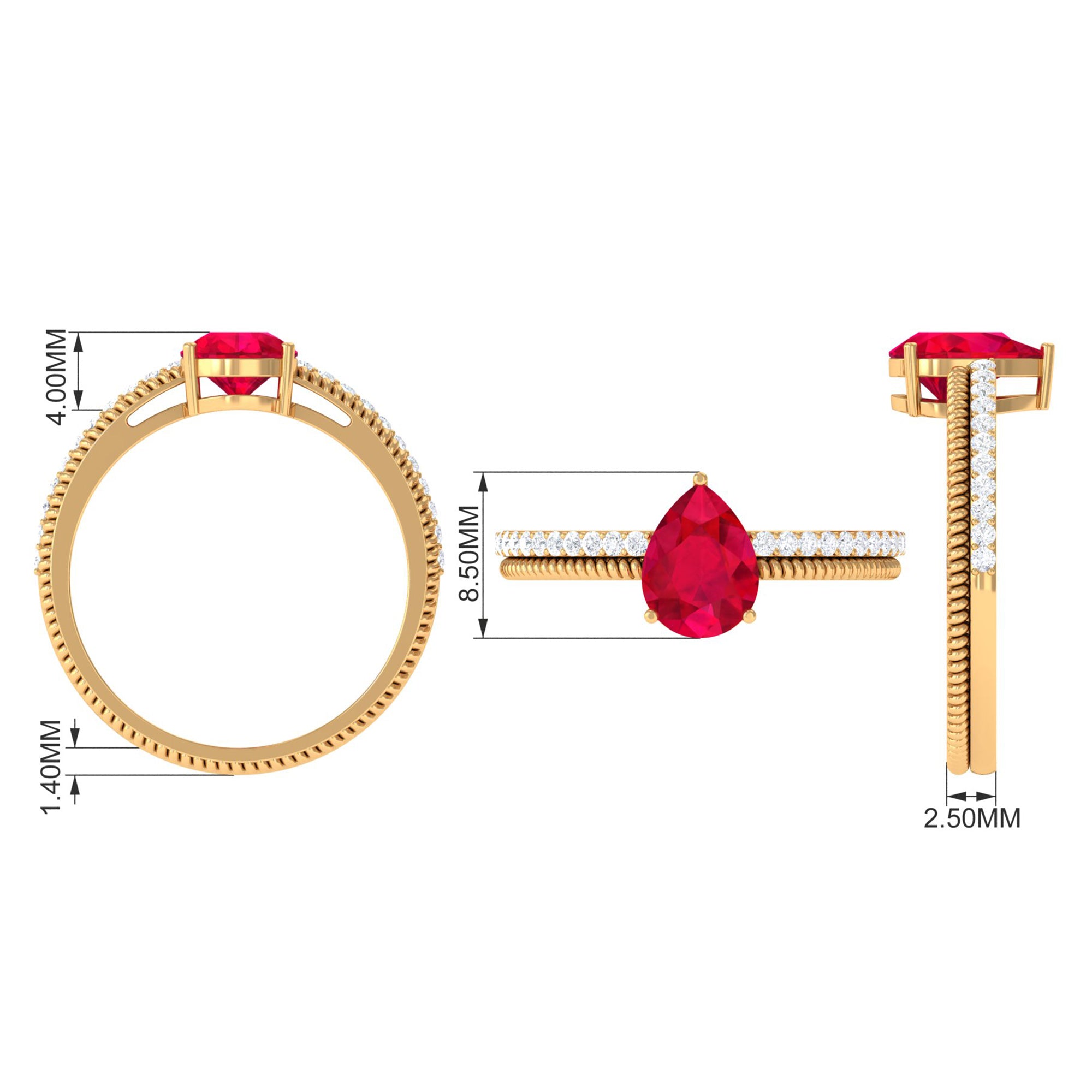 Pear Shape Lab Grown Ruby and Diamond Solitaire Ring with Twisted Rope Lab Created Ruby - ( AAAA ) - Quality - Rosec Jewels