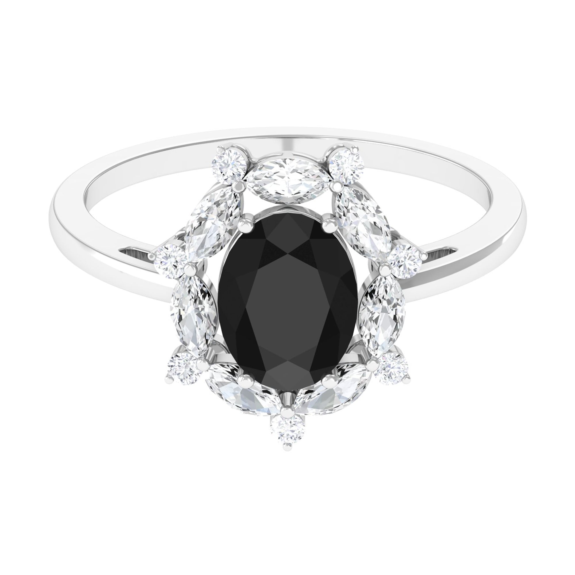 Oval Created Black Diamond and Moissanite Halo Engagement Ring Set Lab Created Black Diamond - ( AAAA ) - Quality - Rosec Jewels