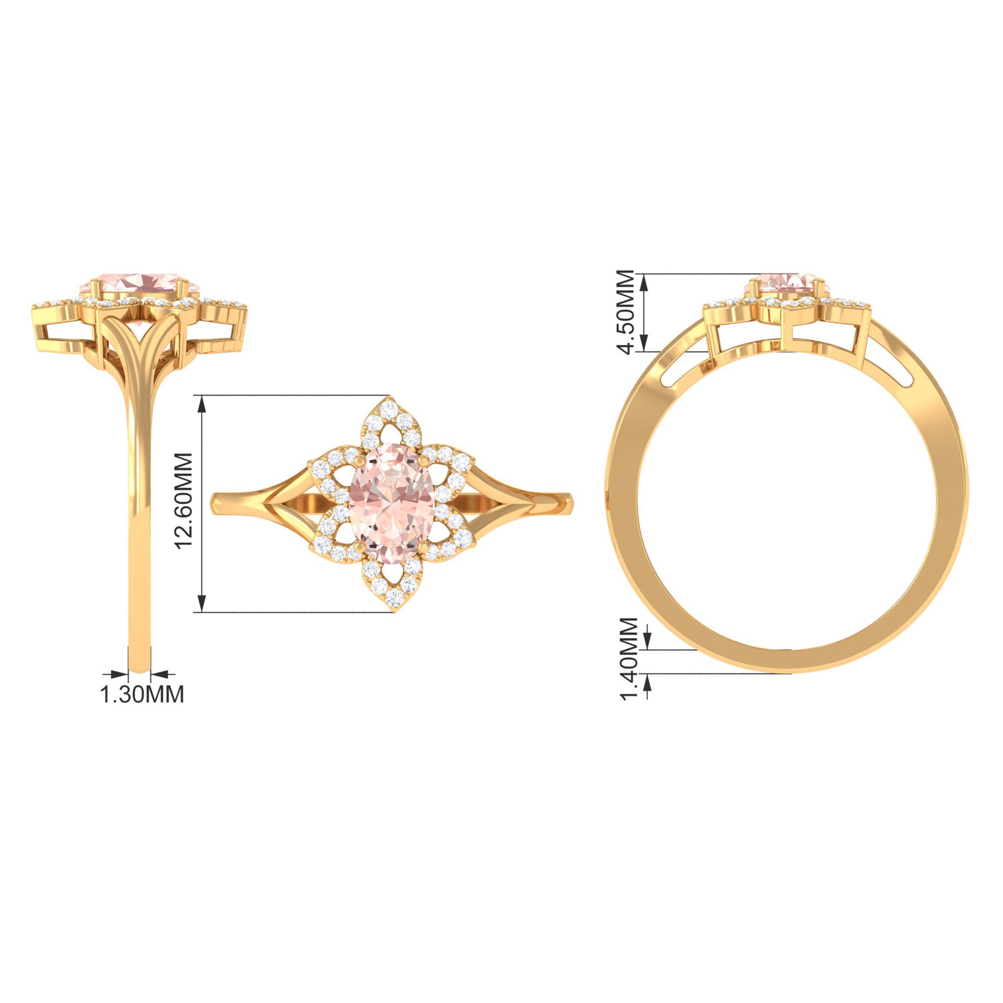 Oval Morganite and Diamond Flower Engagement Ring in Split Shank Morganite - ( AAA ) - Quality - Rosec Jewels