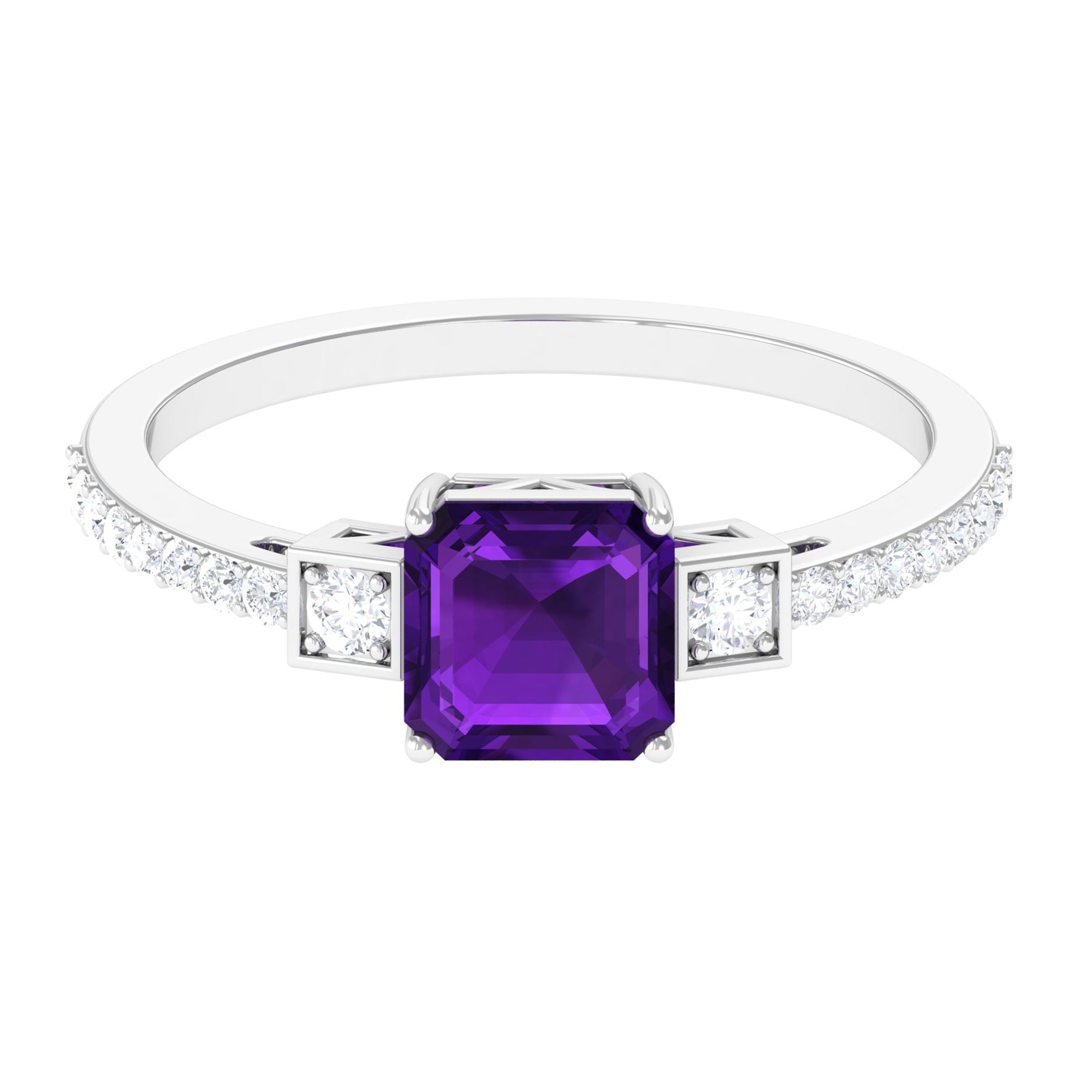 Asscher Cut Amethyst Solitaire Engagement Ring with Diamond Amethyst - ( AAA ) - Quality - Rosec Jewels