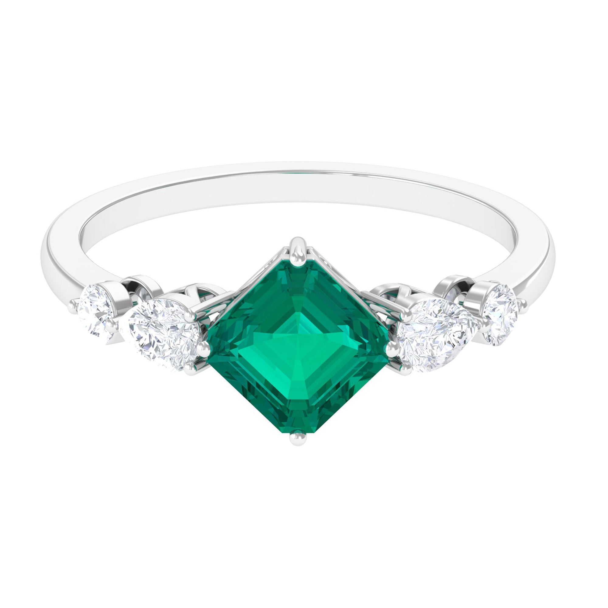 Simple Asscher shape Emerald Solitaire Engagement Ring with Diamond Emerald - ( AAA ) - Quality - Rosec Jewels