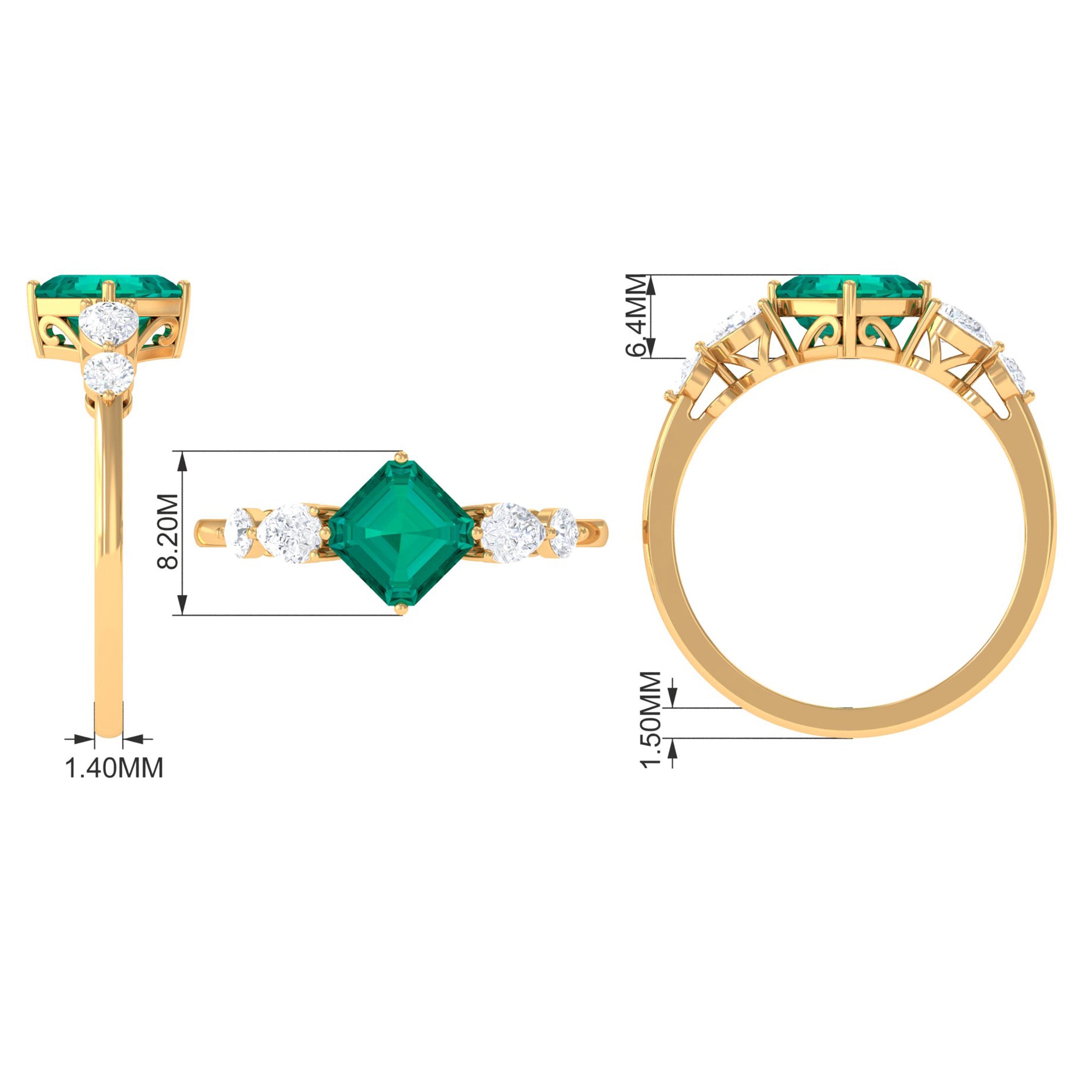 Simple Asscher shape Emerald Solitaire Engagement Ring with Diamond Emerald - ( AAA ) - Quality - Rosec Jewels