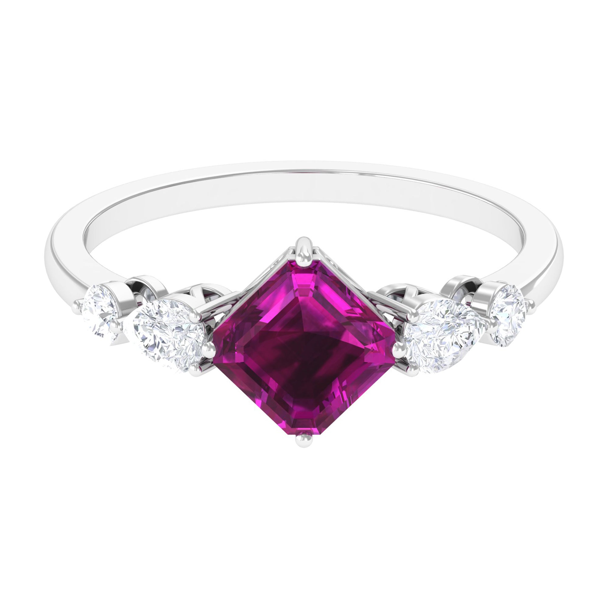 Simple Asscher Cut Rhodolite Solitaire Engagement Ring with Moissanite Rhodolite - ( AAA ) - Quality - Rosec Jewels