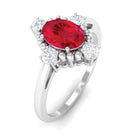 Vintage Style Oval Created Ruby Solitaire Engagement Ring with Diamond Lab Created Ruby - ( AAAA ) - Quality - Rosec Jewels