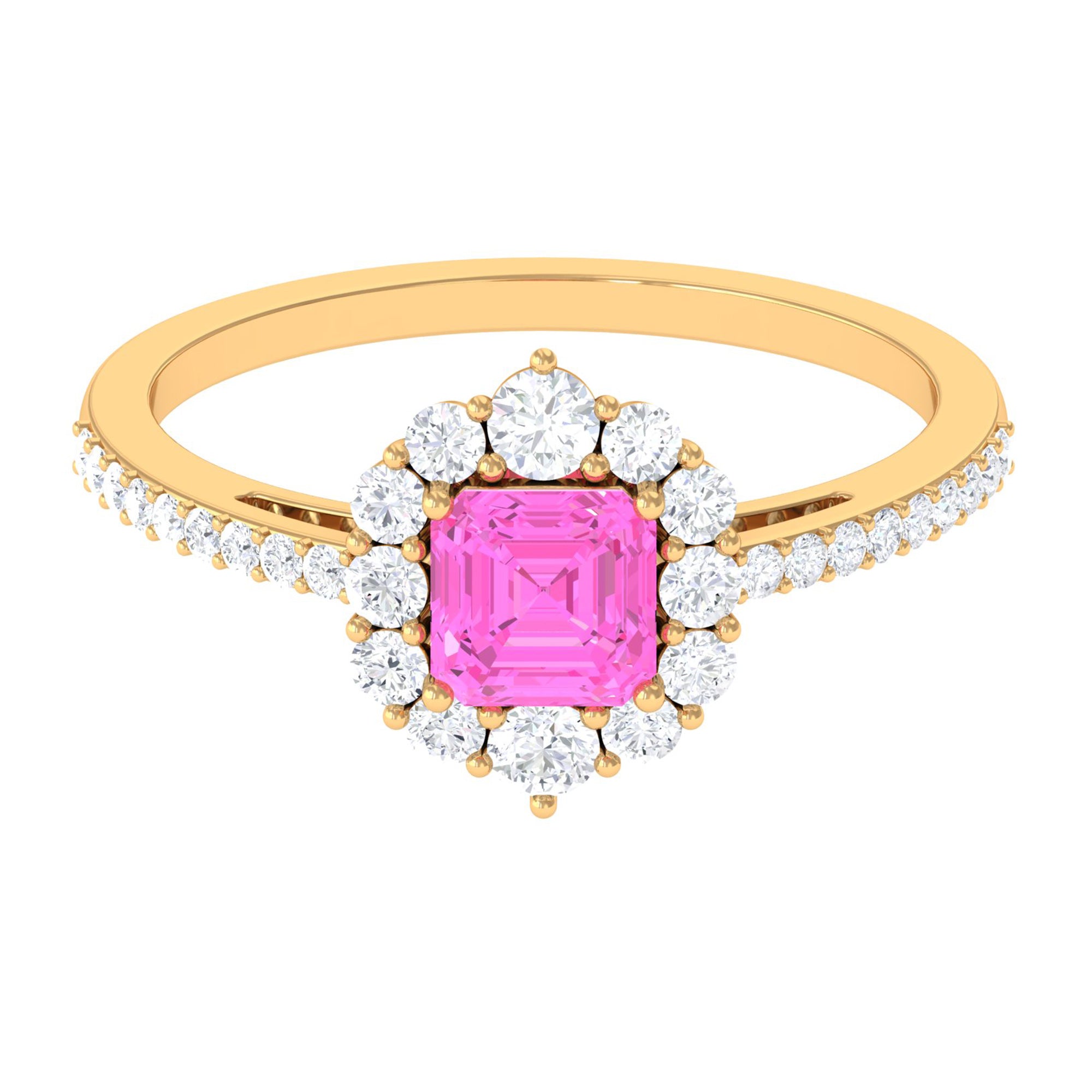 Asscher Cut Created Pink Sapphire Halo Engagement Ring with Diamond Lab Created Pink Sapphire - ( AAAA ) - Quality - Rosec Jewels