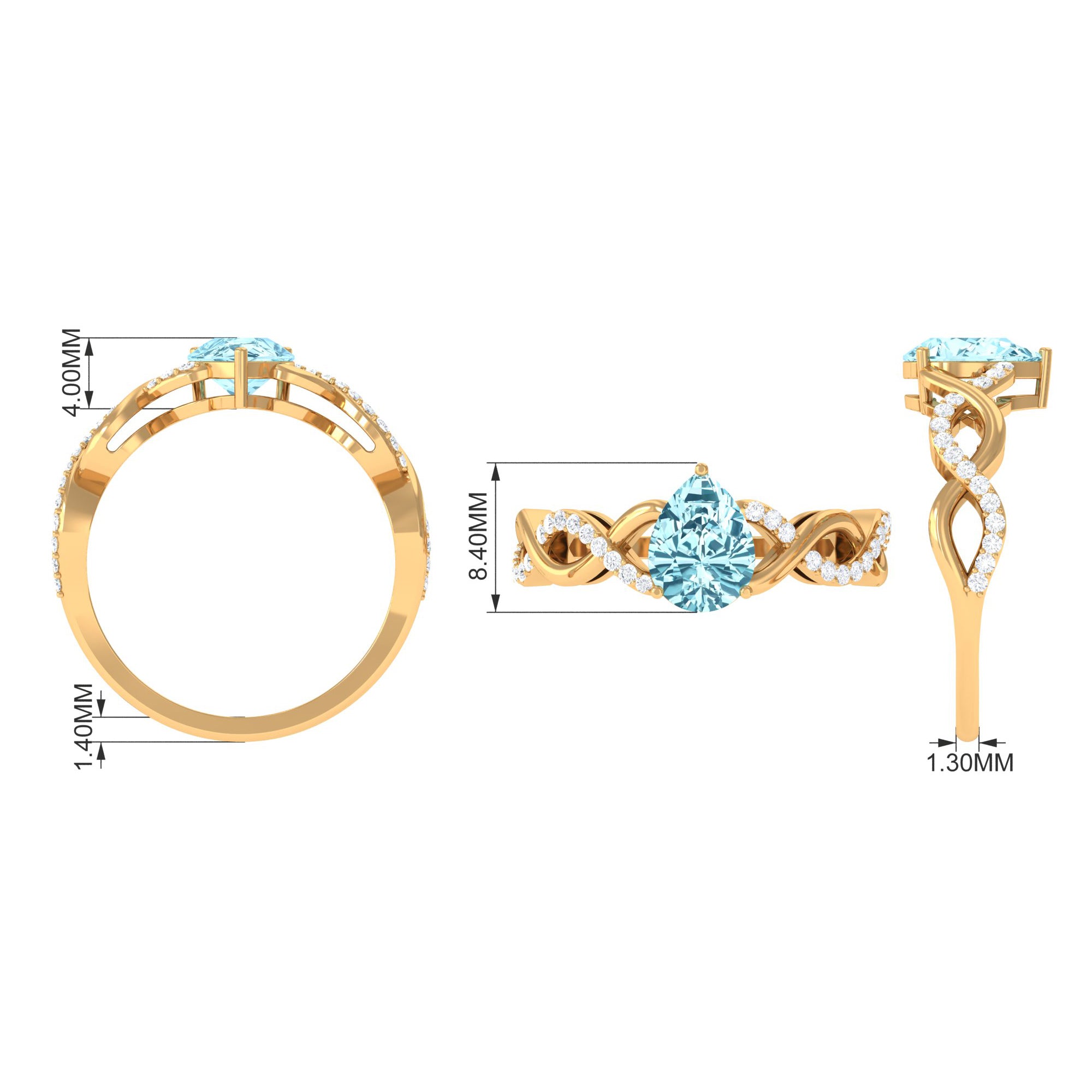 Pear Shape Aquamarine Solitaire Infinity Ring with Diamond Aquamarine - ( AAA ) - Quality - Rosec Jewels