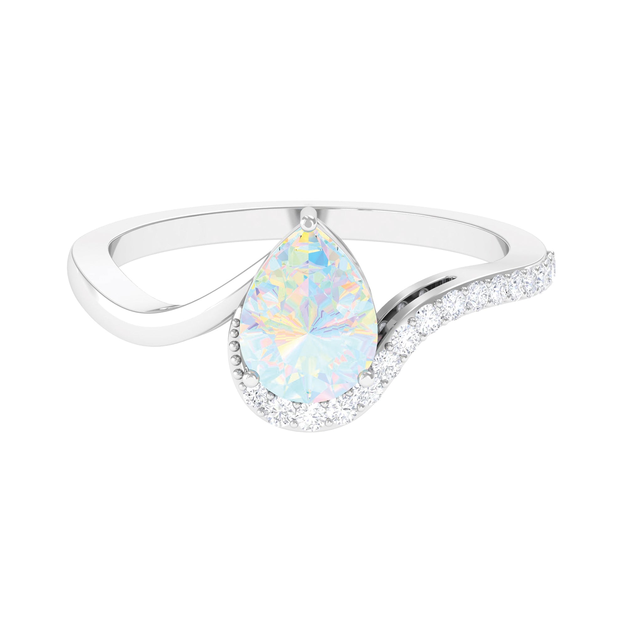 Pear Shaped Ethiopian Opal Solitaire Bypass Ring with Diamond Ethiopian Opal - ( AAA ) - Quality - Rosec Jewels