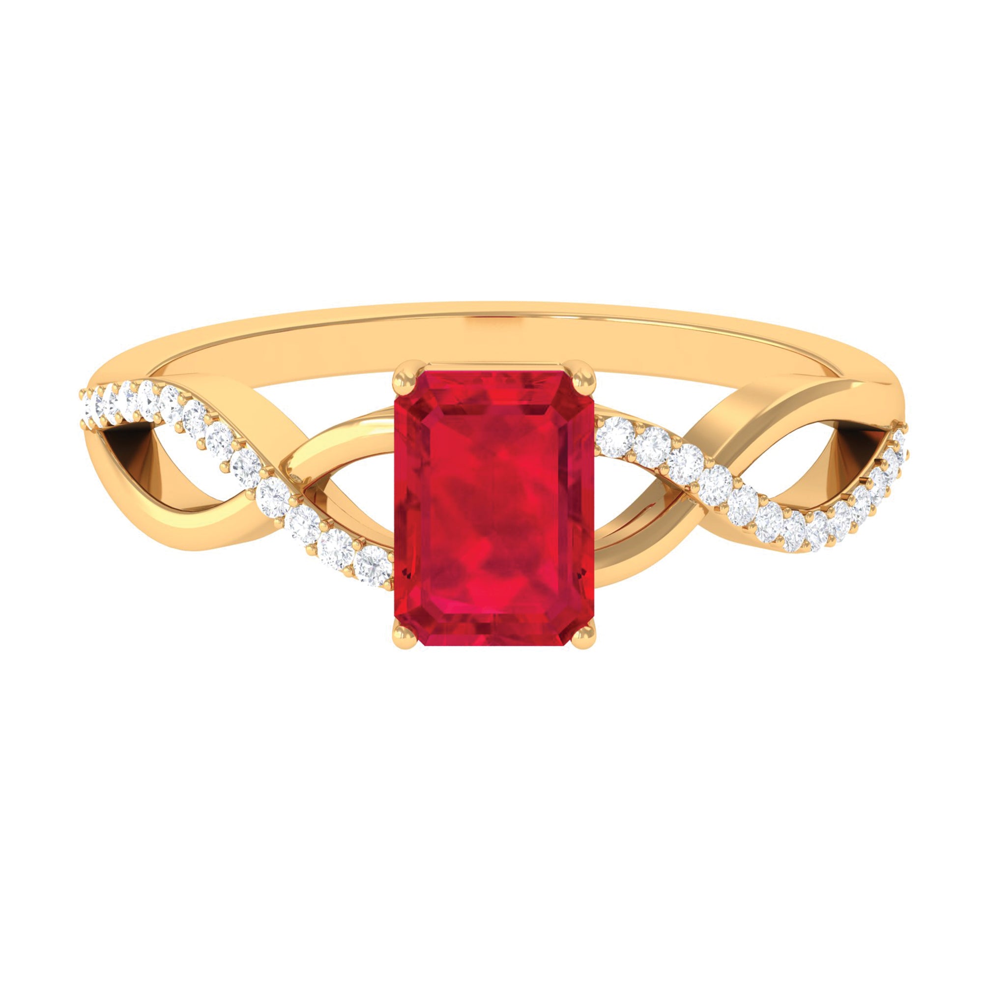 Emerald Cut Created Ruby and Diamond Crossover Engagement Ring Lab Created Ruby - ( AAAA ) - Quality - Rosec Jewels
