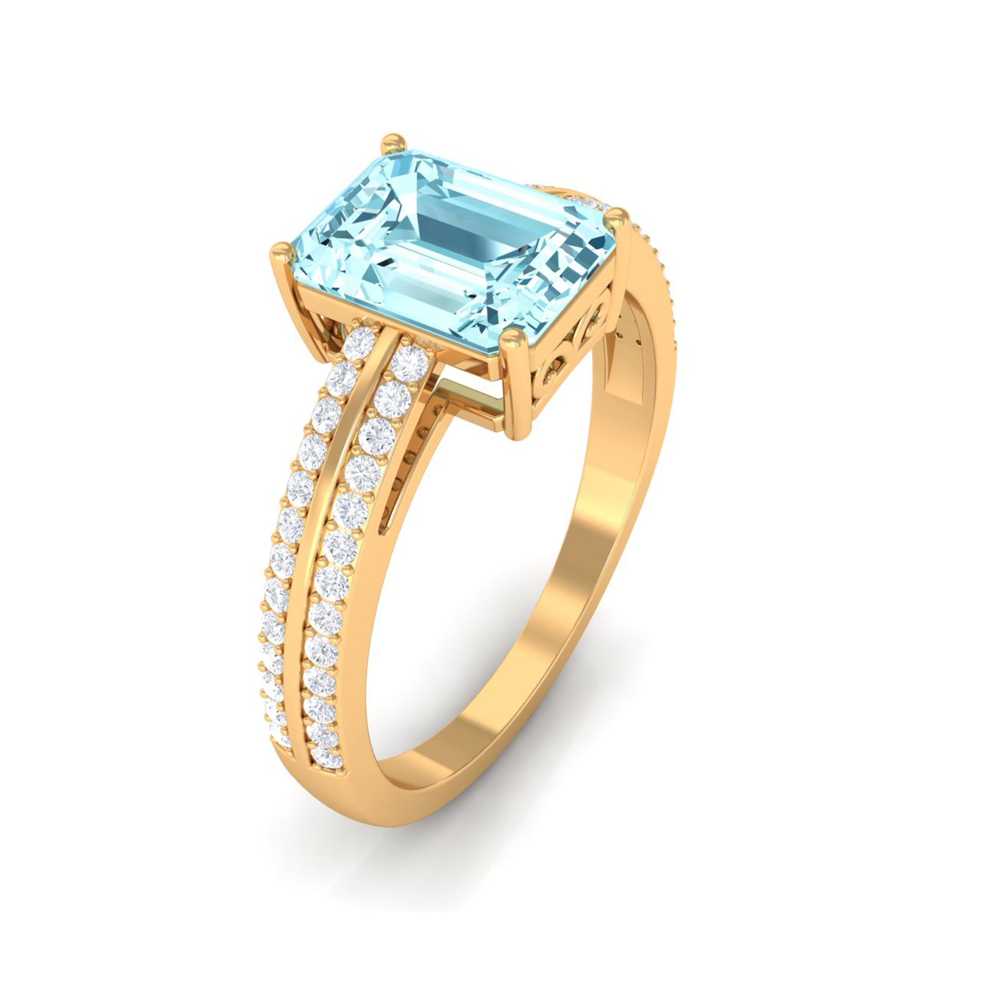 Emerald Cut Aquamarine and Diamond Solitaire Engagement Ring Aquamarine - ( AAA ) - Quality - Rosec Jewels