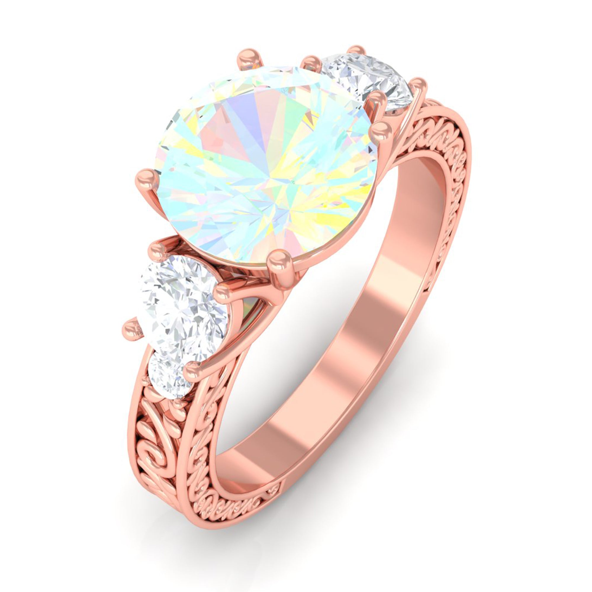 Round Ethiopian Opal and Moissanite Art Deco Engagement Ring in Gold Ethiopian Opal - ( AAA ) - Quality - Rosec Jewels