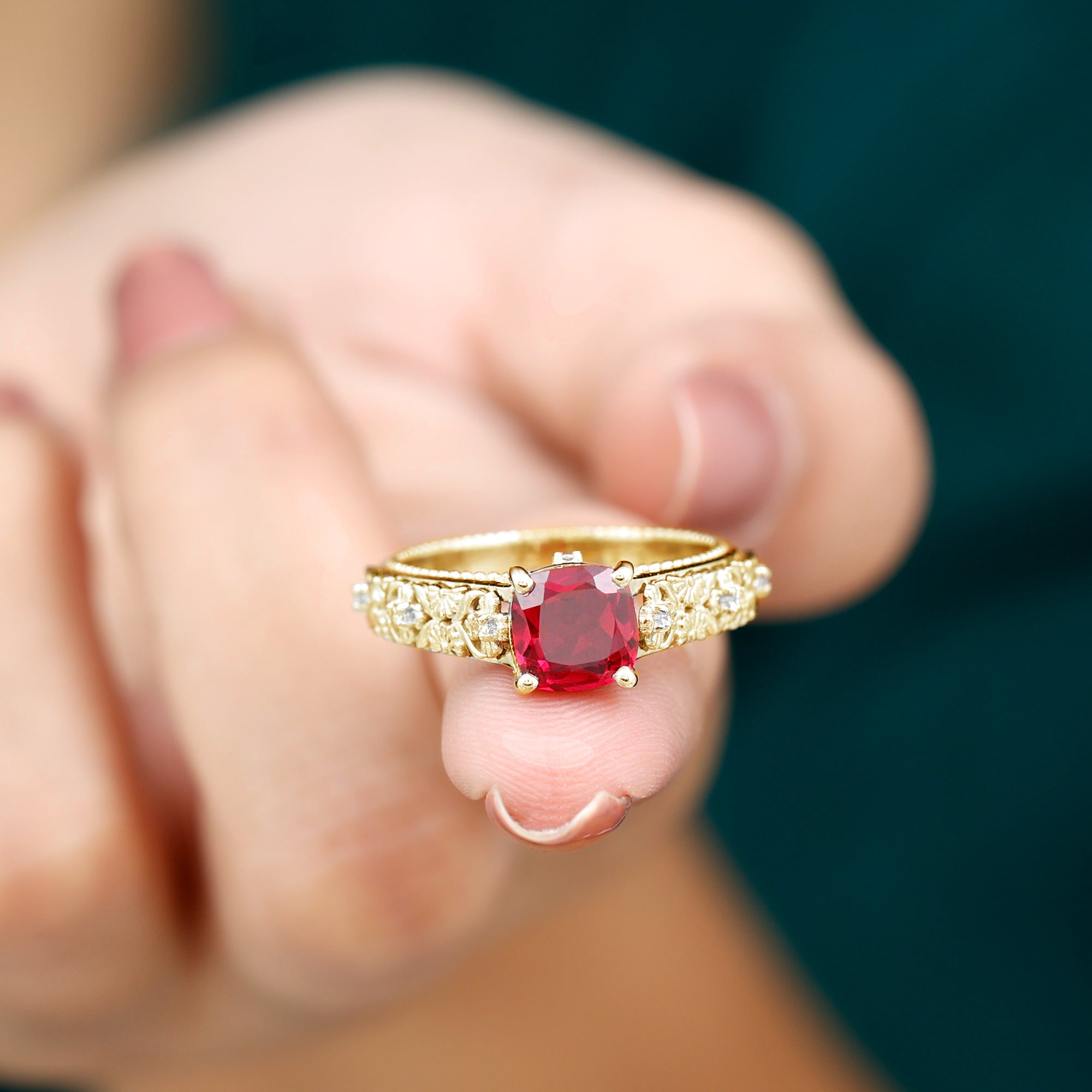 Cushion Cut Lab Grown Ruby Floral Engagement Ring with Diamond Lab Created Ruby - ( AAAA ) - Quality - Rosec Jewels