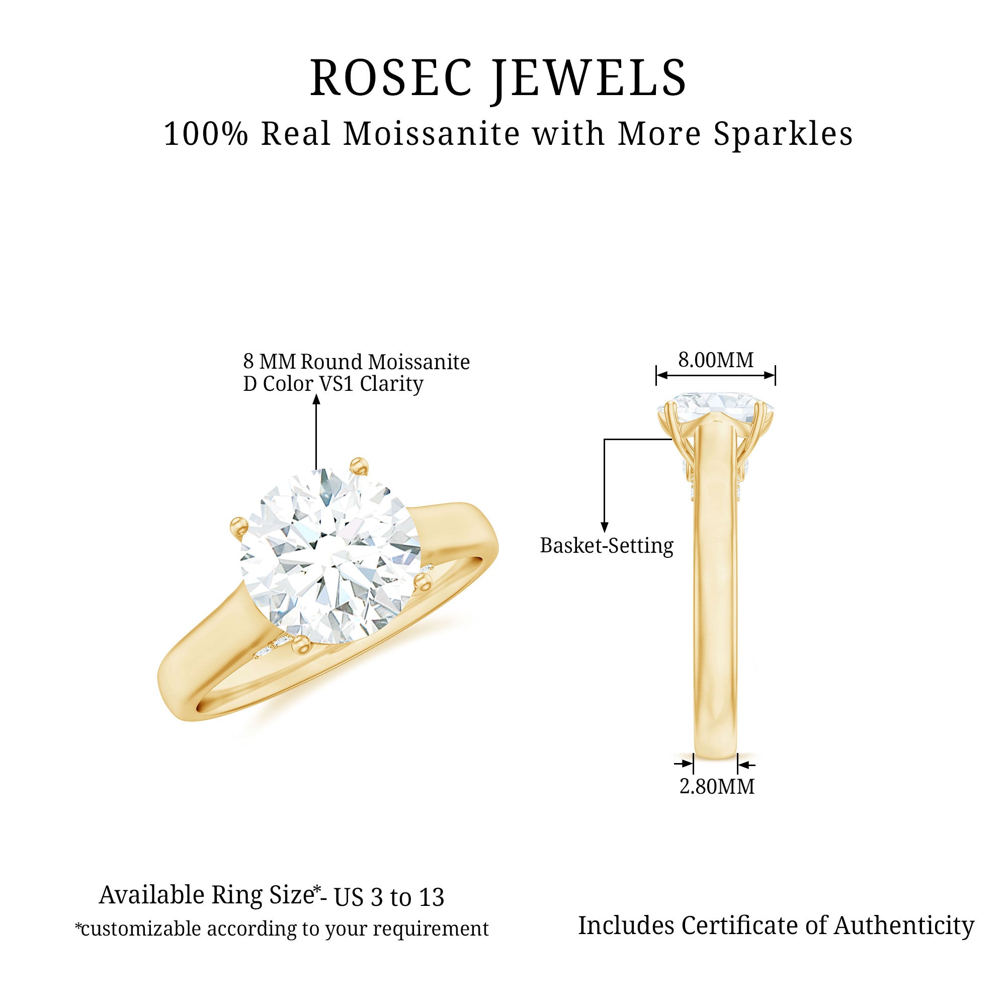 8 MM Round Cut Solitaire and Hidden Moissanite Ring with Accented Bridge Moissanite - ( D-VS1 ) - Color and Clarity - Rosec Jewels