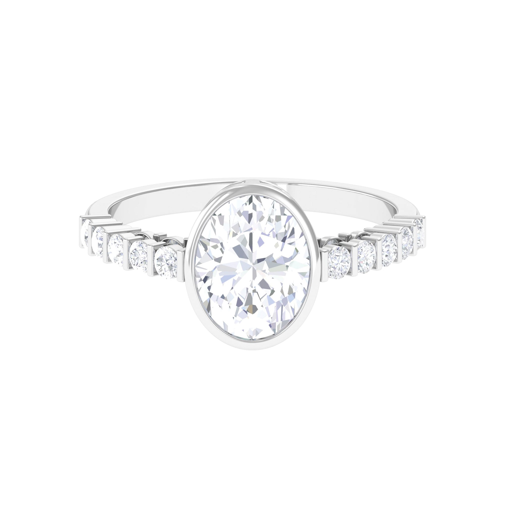 Oval Shape Moissanite Solitaire Engagement Ring with Side Stones Moissanite - ( D-VS1 ) - Color and Clarity - Rosec Jewels