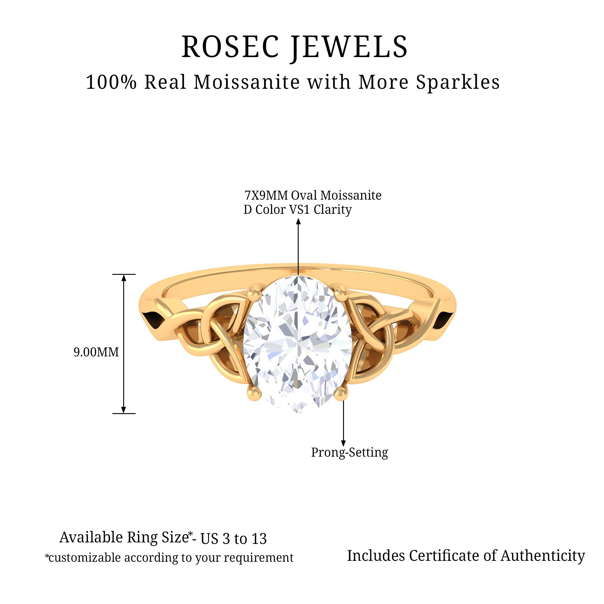 2.25 CT Celtic Knot Oval Moissanite Engagement Ring in Gold Moissanite - ( D-VS1 ) - Color and Clarity - Rosec Jewels