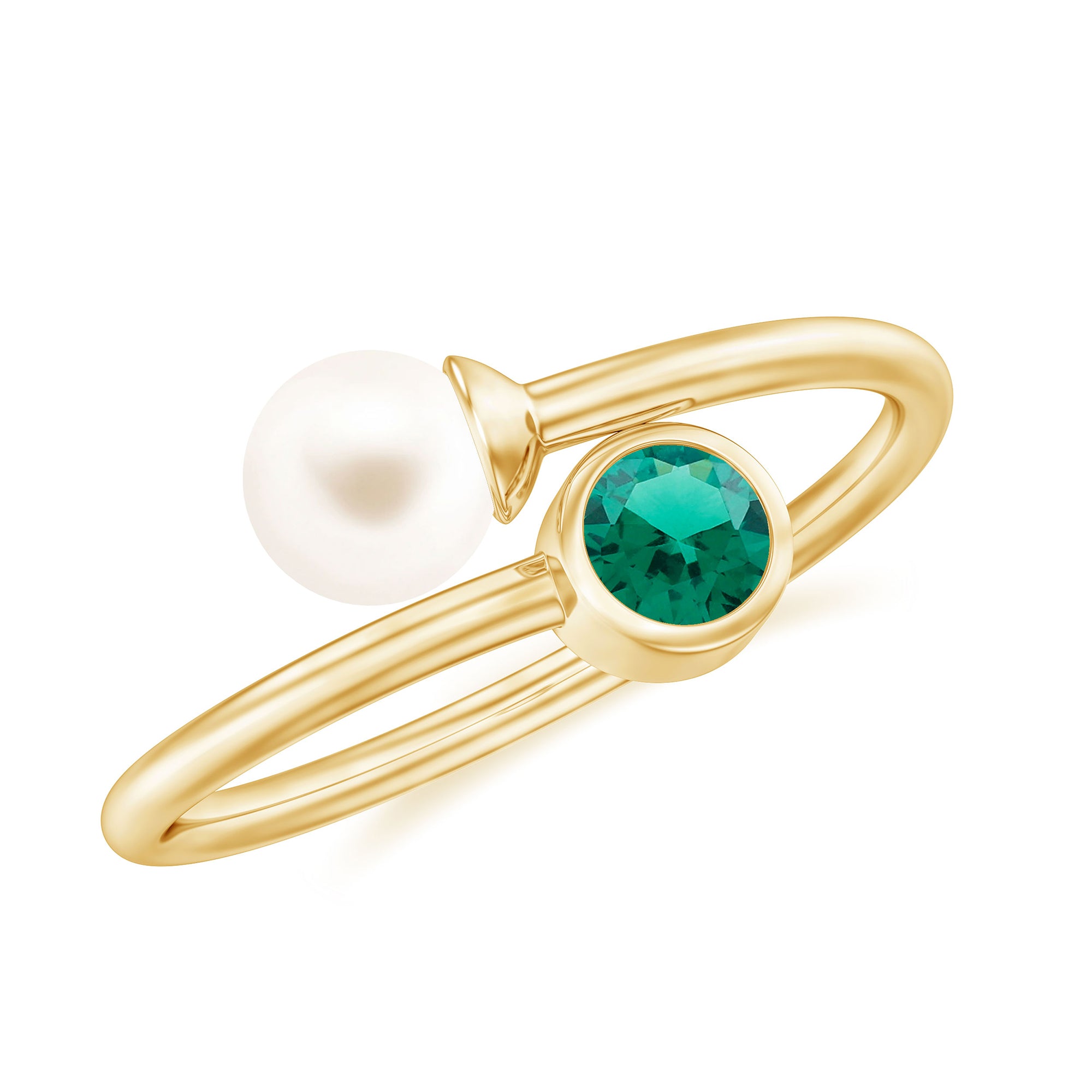 3/4 CT Freshwater Pearl and Created Emerald Two Stone Ring in Gold Freshwater Pearl - ( AAA ) - Quality - Rosec Jewels