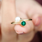 3/4 CT Freshwater Pearl and Created Emerald Two Stone Ring in Gold Freshwater Pearl - ( AAA ) - Quality - Rosec Jewels