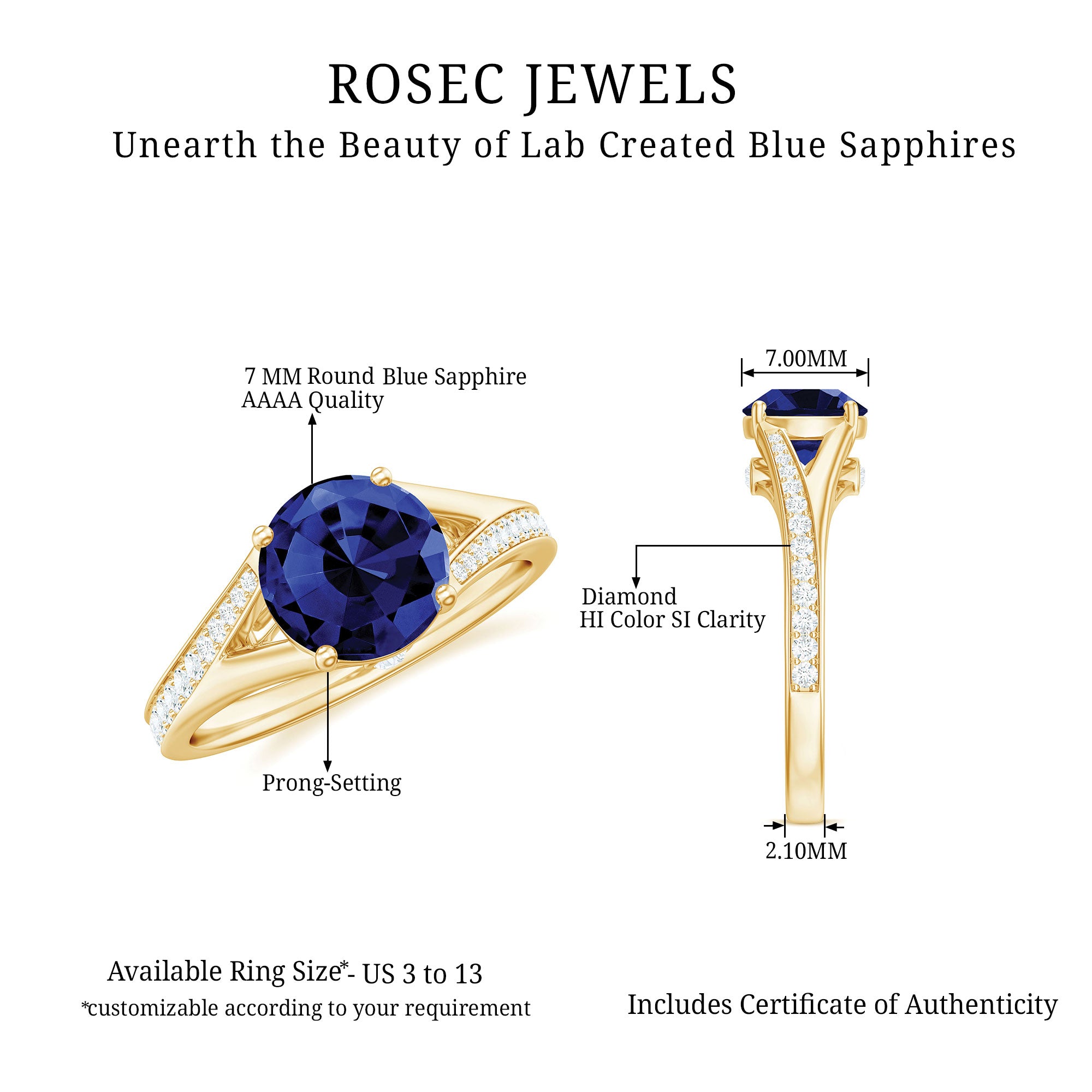 Lab Grown Blue Sapphire Solitaire Engagement Ring with Diamond Split Shank Lab Created Blue Sapphire - ( AAAA ) - Quality - Rosec Jewels