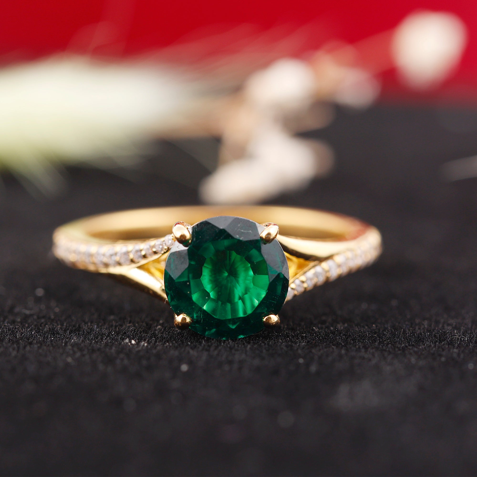 Split Shank Created Emerald Solitaire Ring with Diamond Lab Created Emerald - ( AAAA ) - Quality - Rosec Jewels