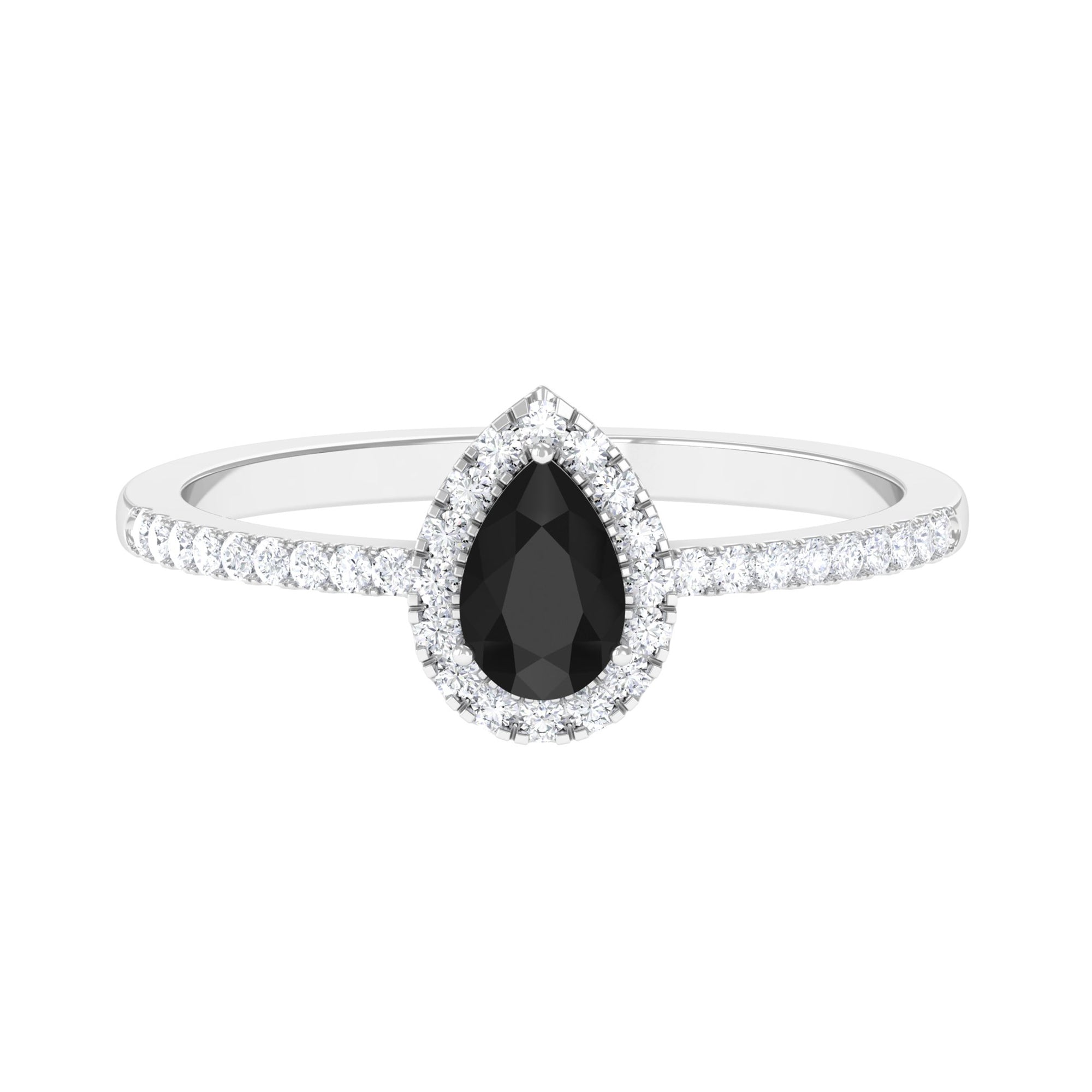 Black Onyx Teardrop Engagement Ring with Diamond Halo Black Onyx - ( AAA ) - Quality - Rosec Jewels