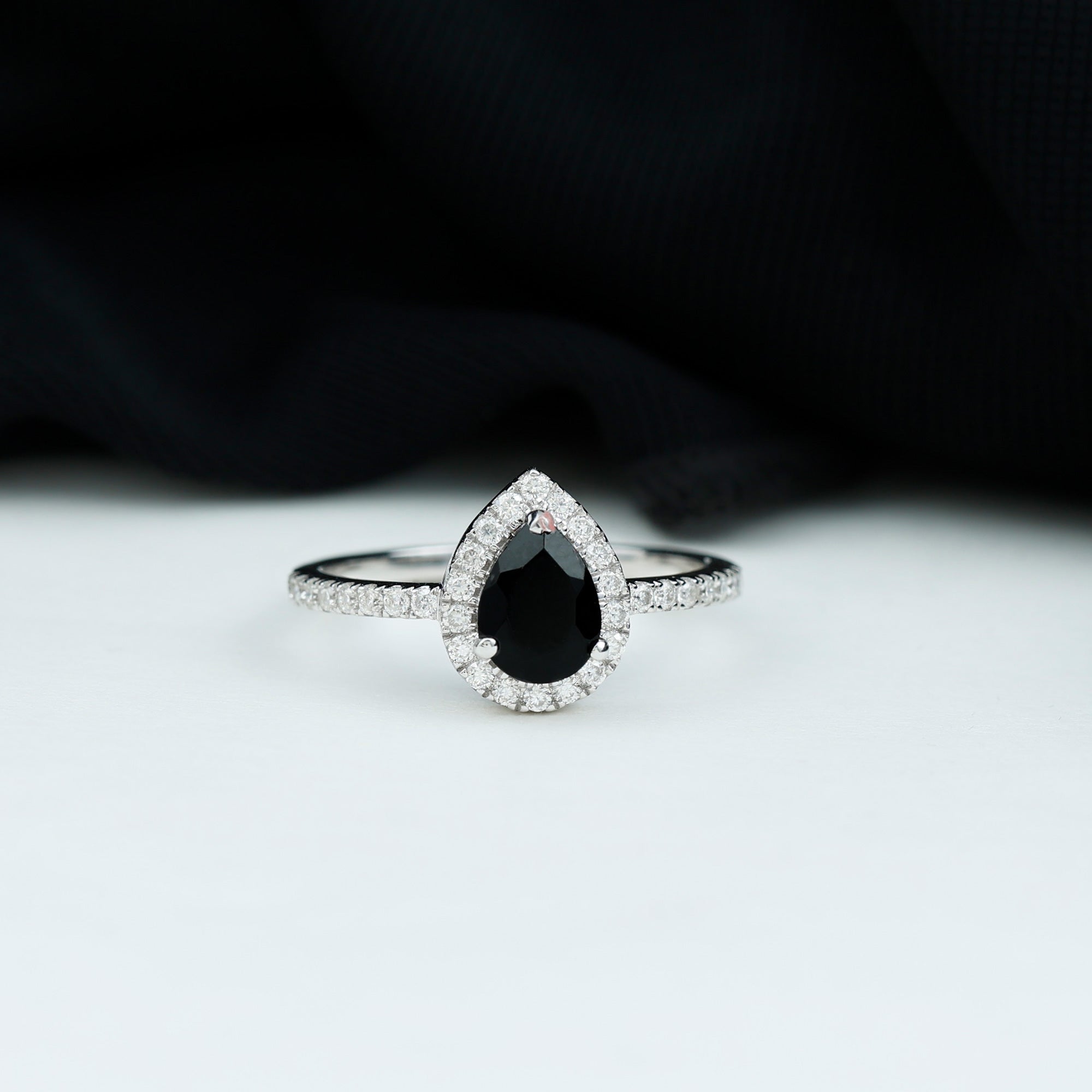 Black Onyx Teardrop Engagement Ring with Diamond Halo Black Onyx - ( AAA ) - Quality - Rosec Jewels