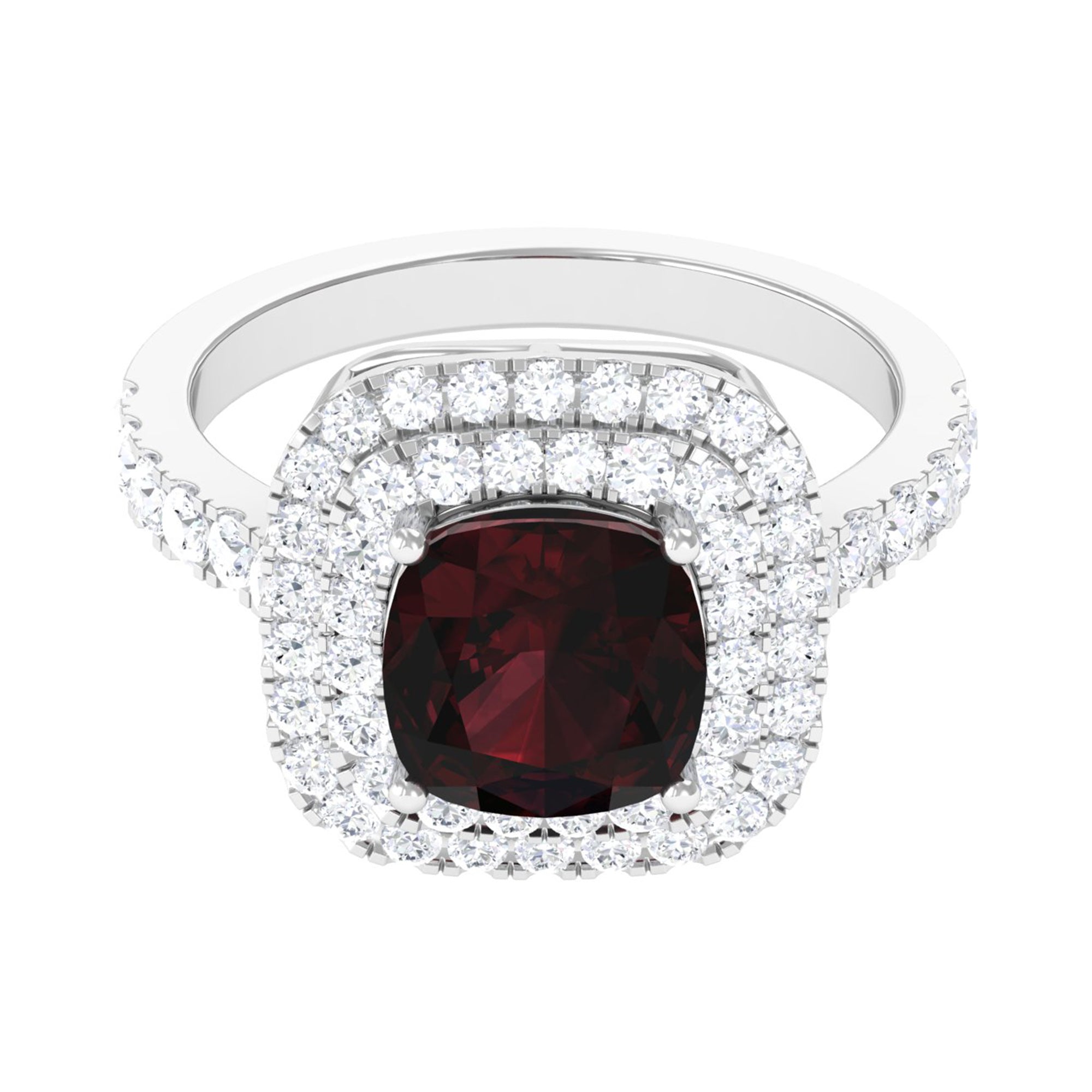 Vintage Style Cushion Cut Garnet Double Halo Engagement Ring with Moissanite Garnet - ( AAA ) - Quality - Rosec Jewels