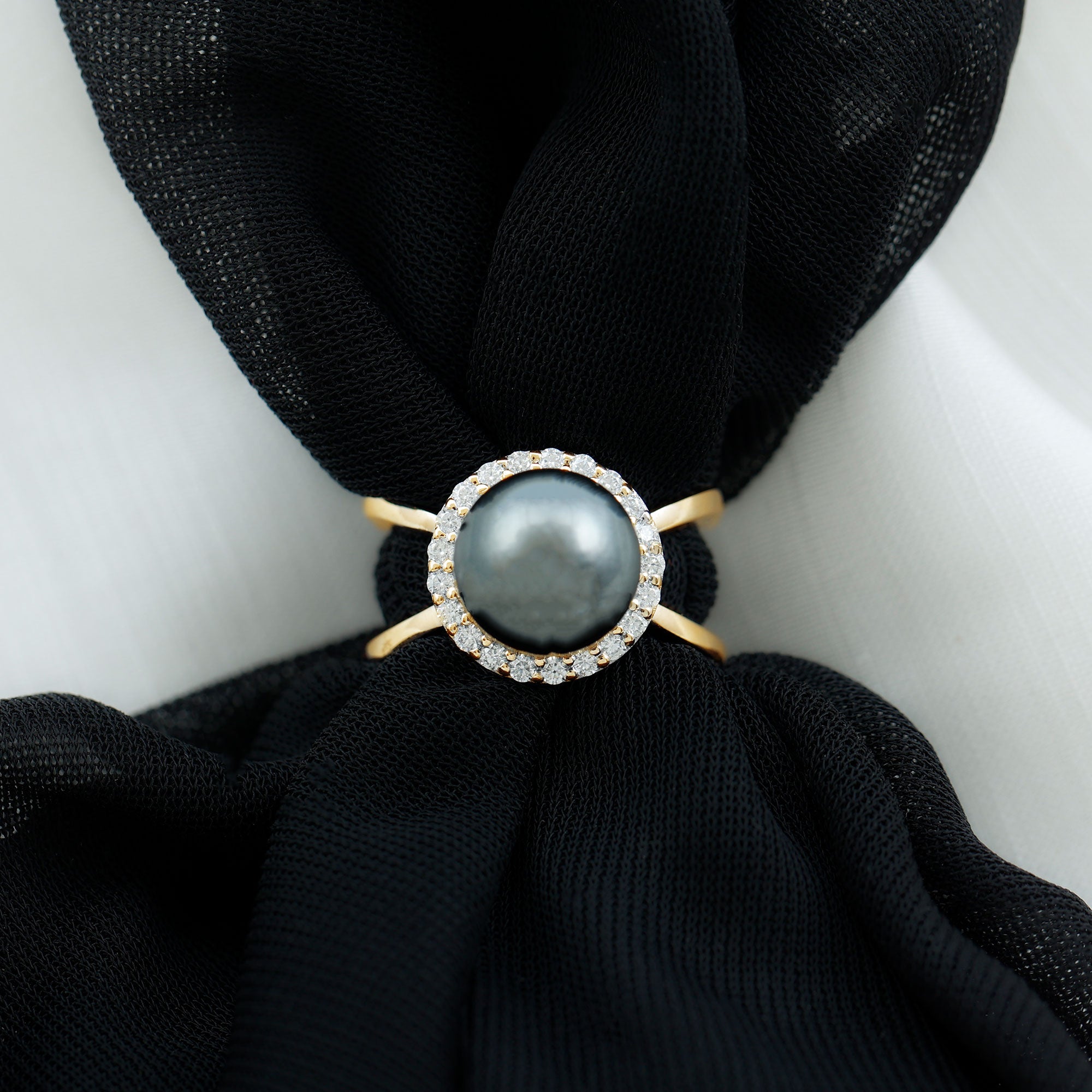 Tahitian Pearl and Diamond Halo Engagement Ring in Criss Cross Shank Tahitian pearl - ( AAA ) - Quality - Rosec Jewels