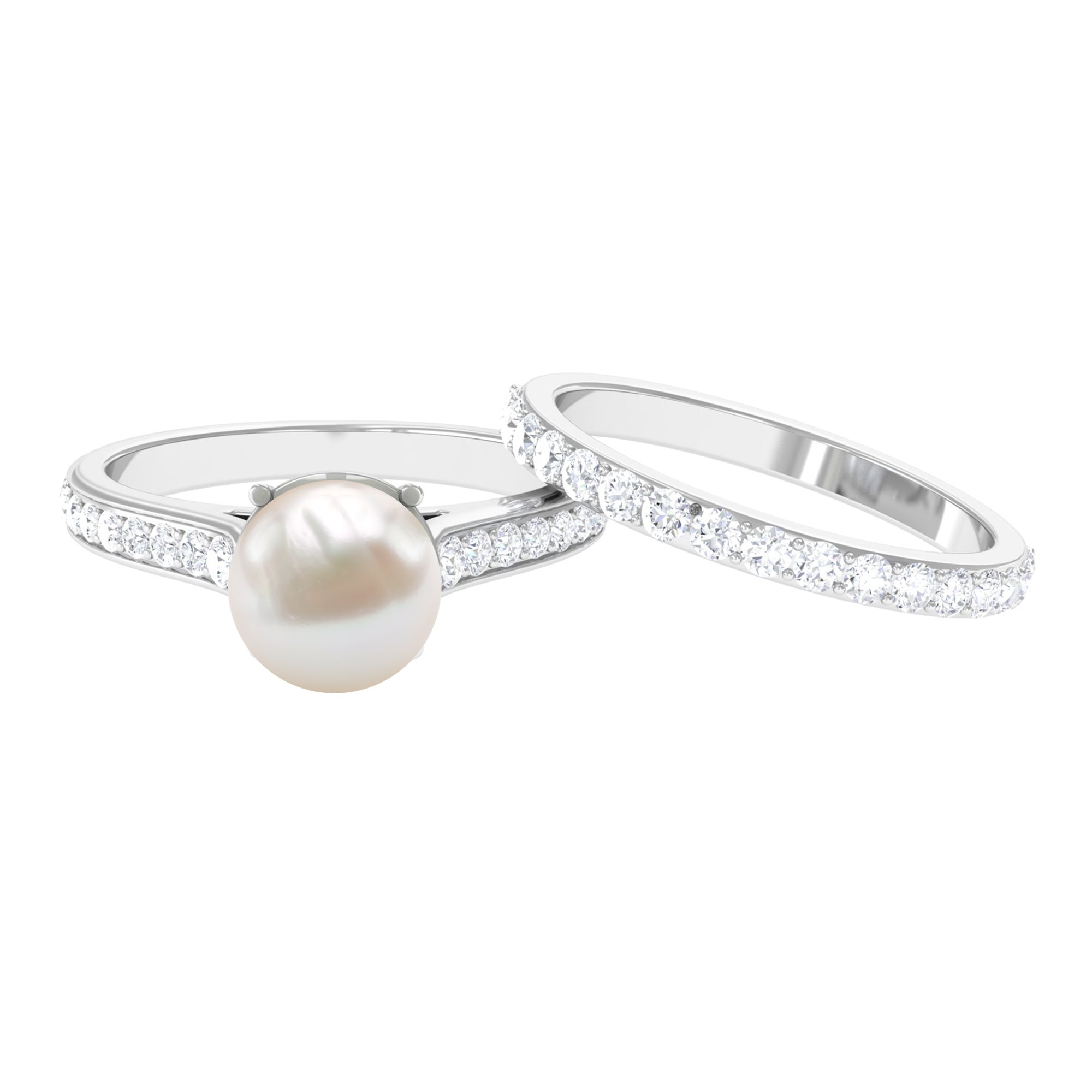 Classic Freshwater Pearl and Moissanite Wedding Ring Set Freshwater Pearl - ( AAA ) - Quality - Rosec Jewels