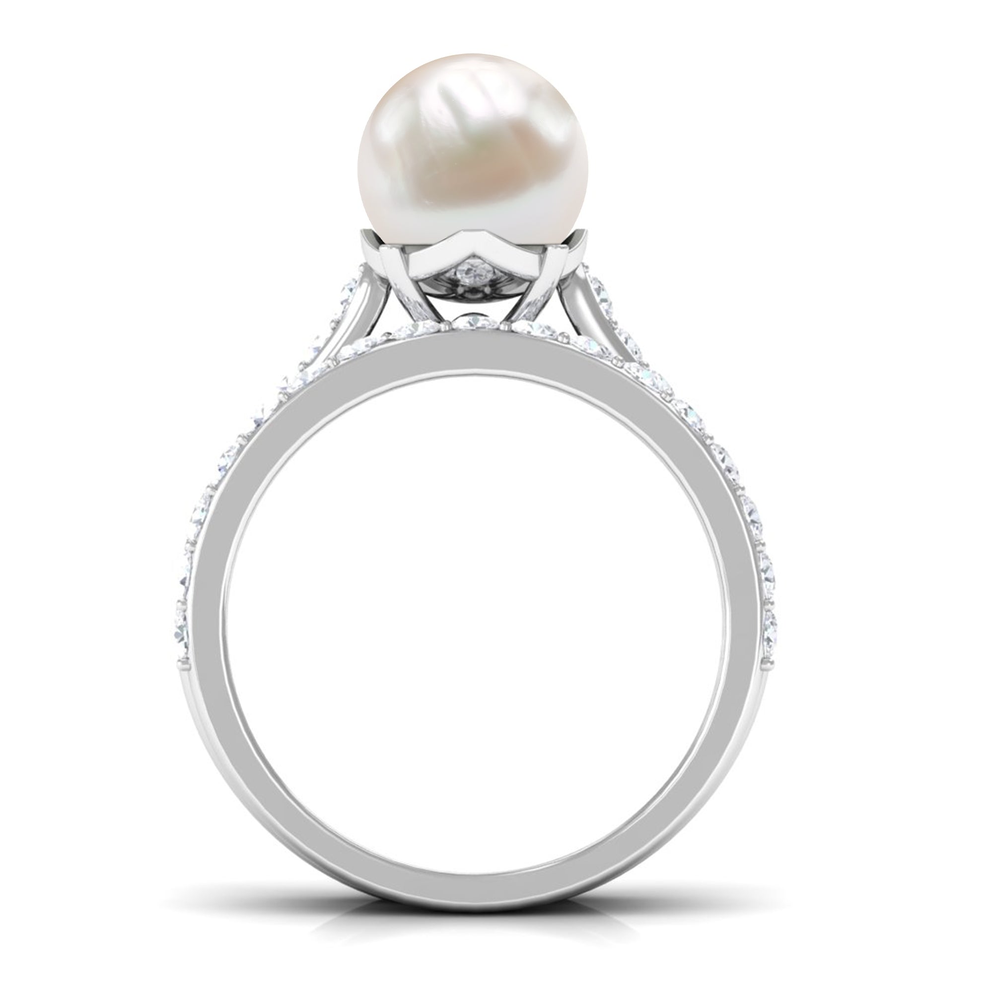 Classic Freshwater Pearl and Moissanite Wedding Ring Set Freshwater Pearl - ( AAA ) - Quality - Rosec Jewels