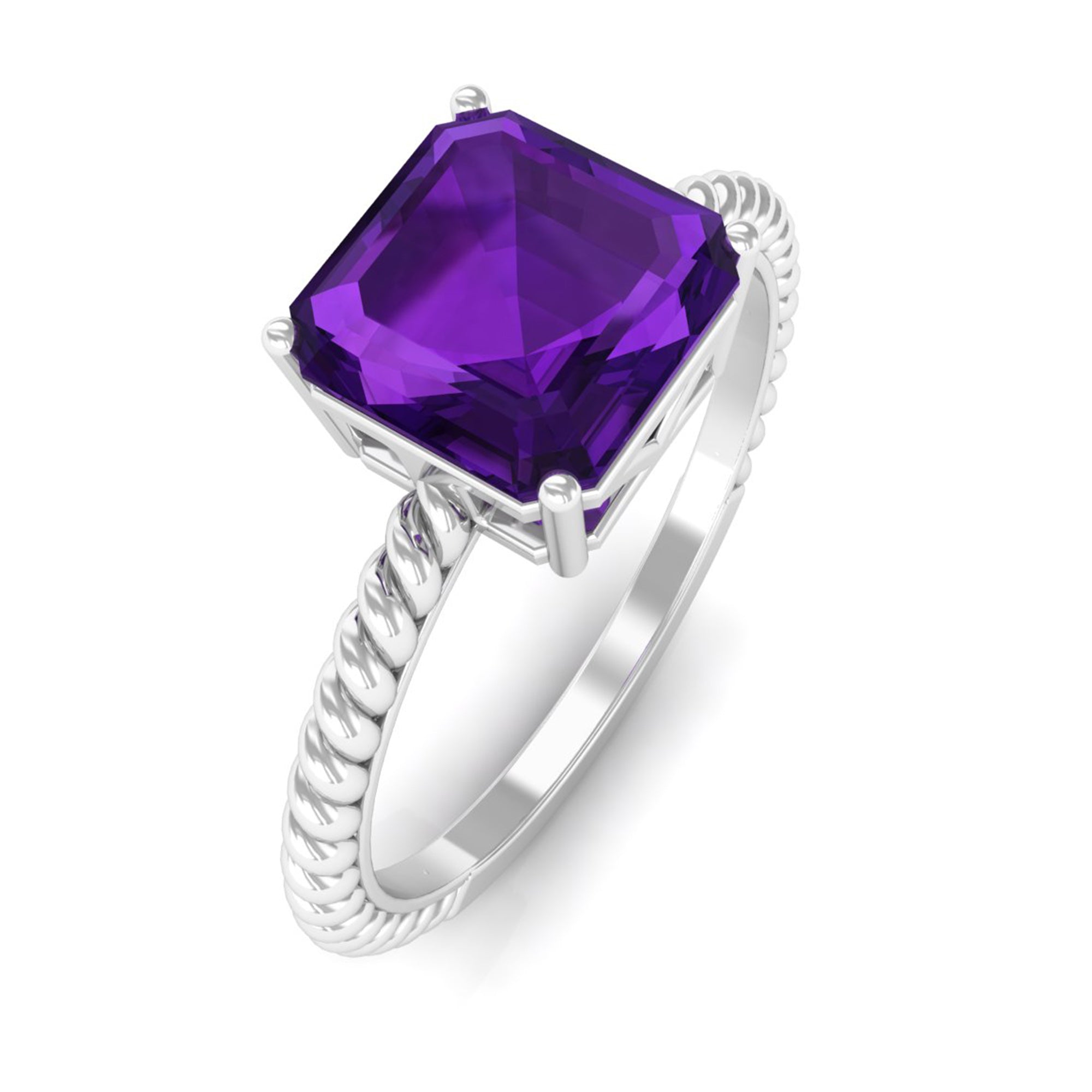 Asscher Cut Amethyst Solitaire Ring with Twisted Rope Amethyst - ( AAA ) - Quality - Rosec Jewels