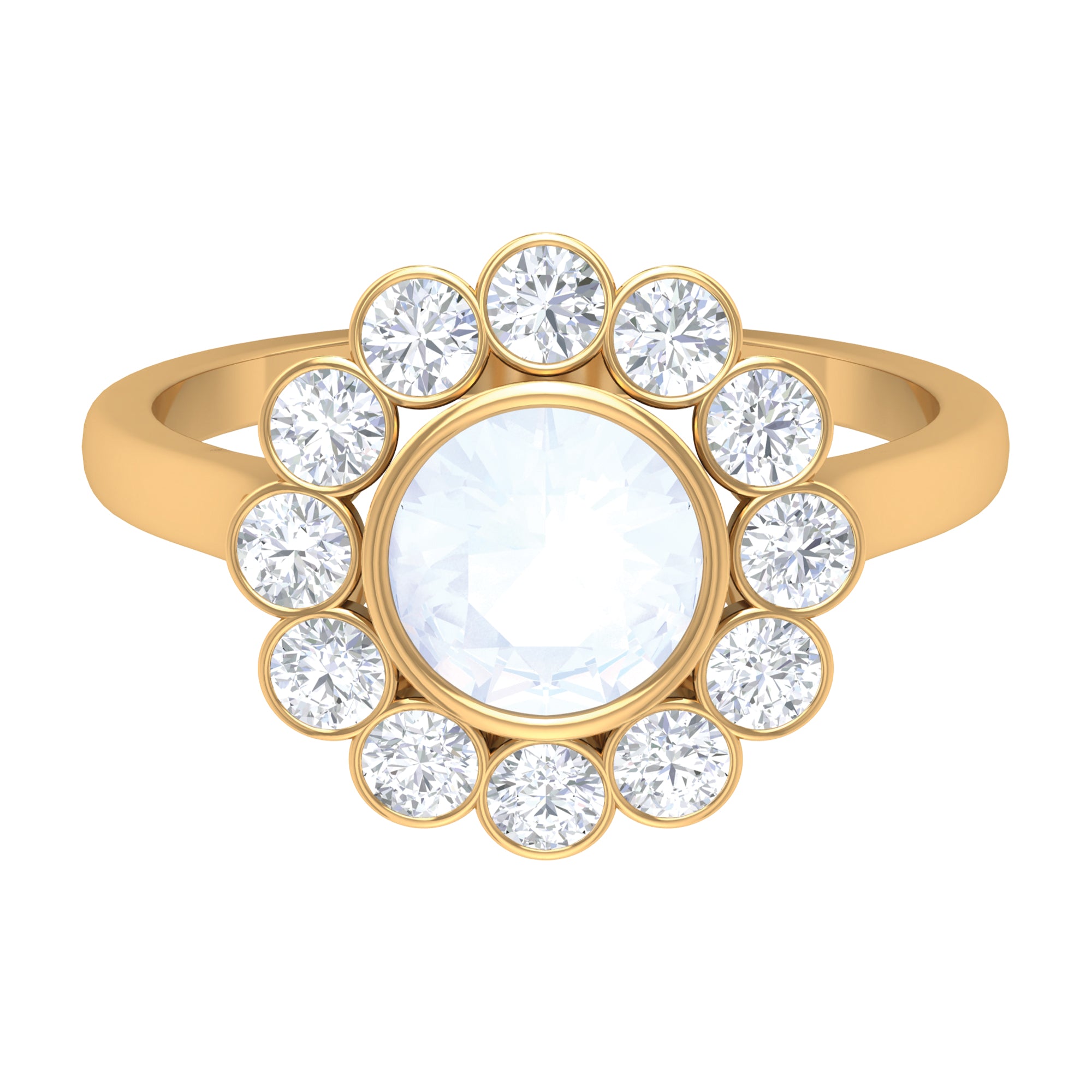 Bezel Set Moonstone Statement Engagement Ring with Diamond Halo Moonstone - ( AAA ) - Quality - Rosec Jewels